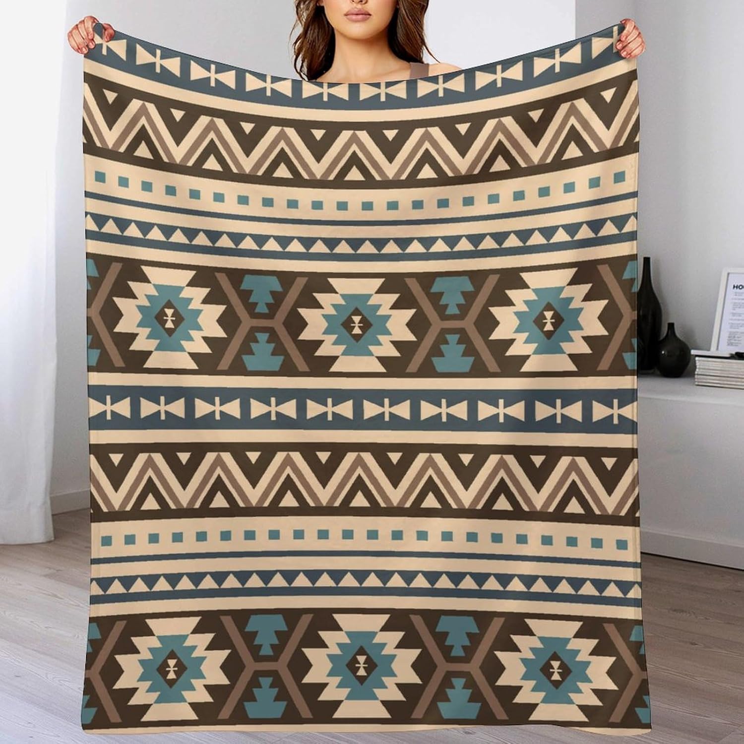 Aztec Throw Blanket Abstract Geometric Retro Tan Pattern Soft Lightweight Warm Plush Blankets for Sofa Bedroom 70"x80"