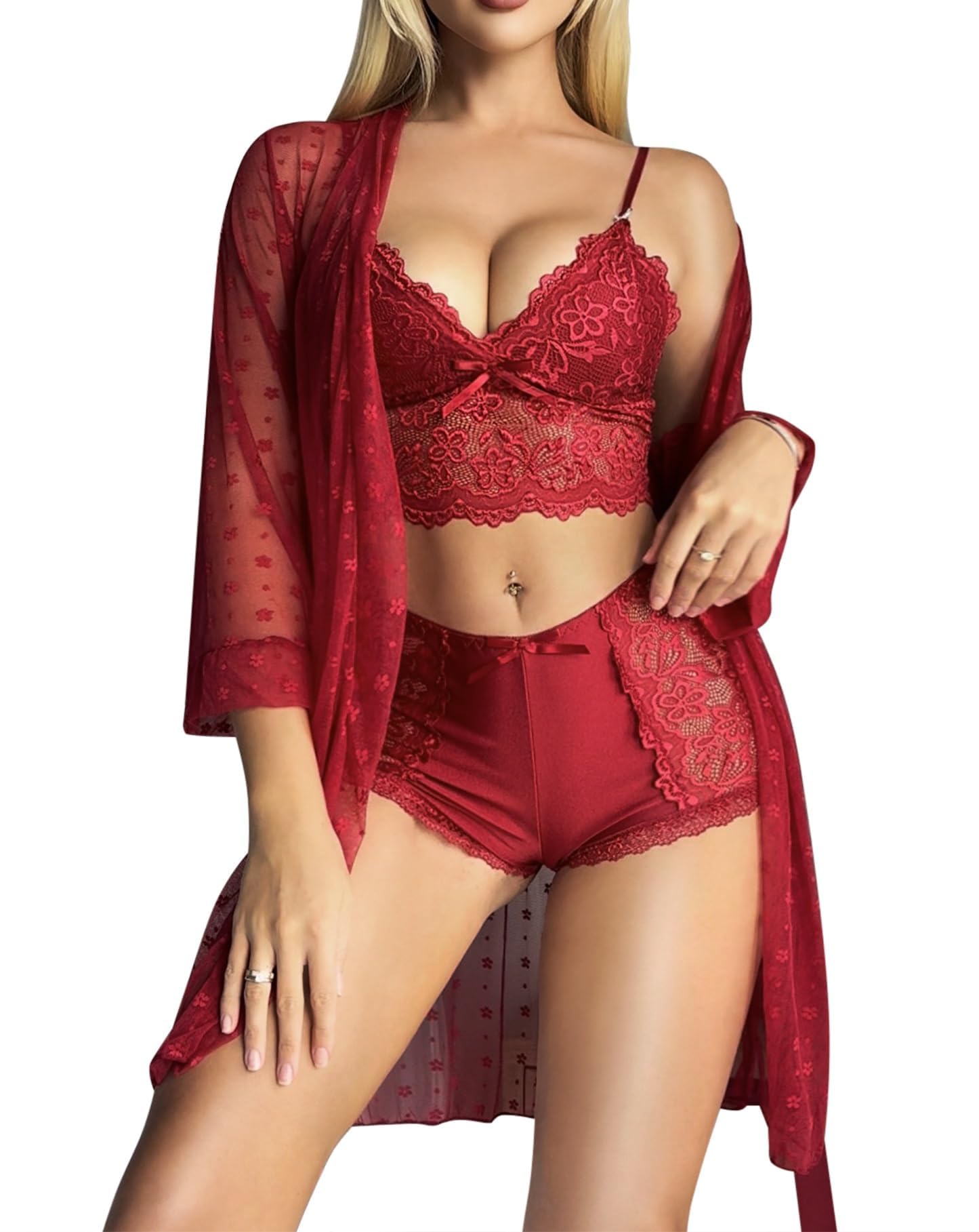 Sexy Lingerie for Women Sets - Lace Bra and Panty Set with Mesh Robe 3 Piece Babydoll Nightwear