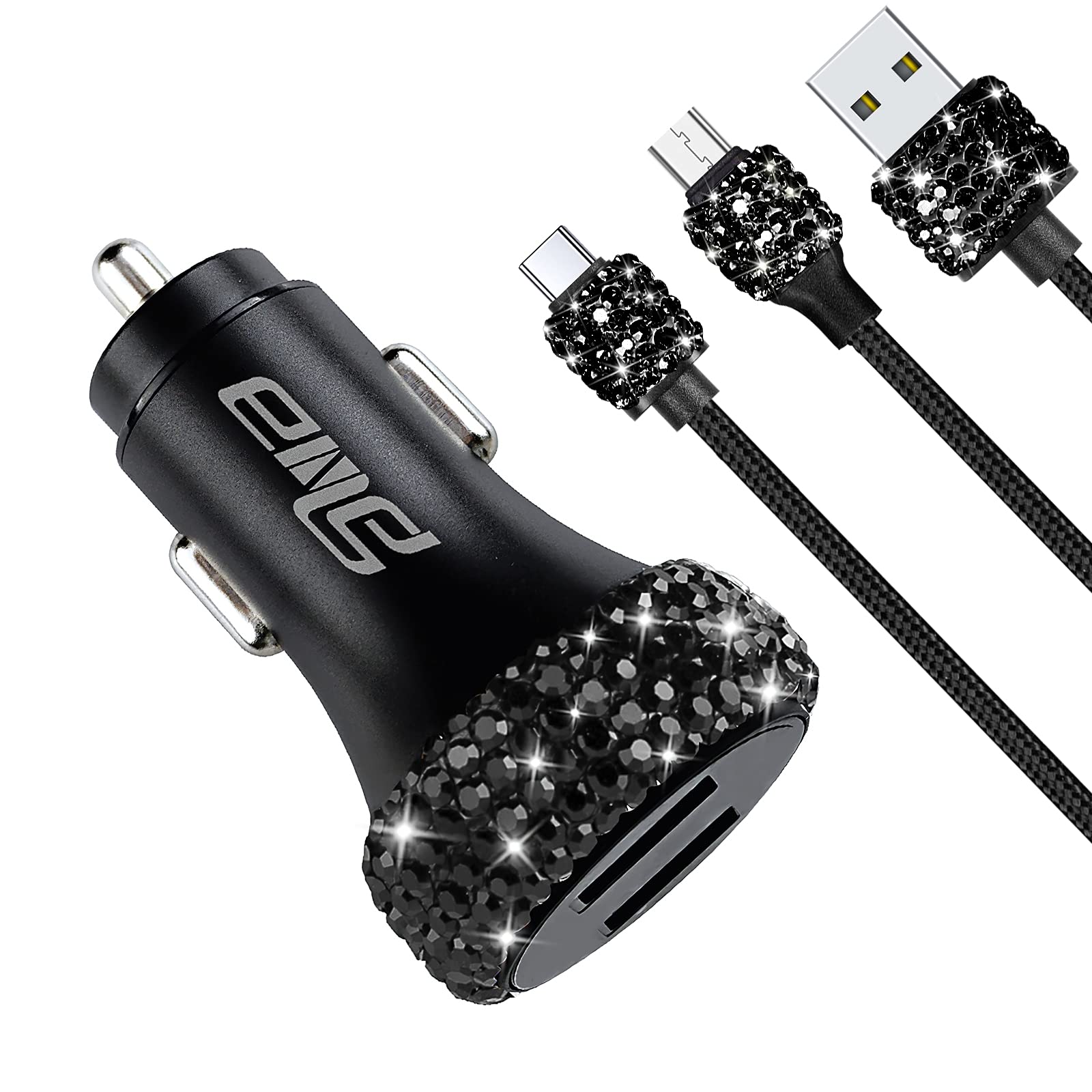 eing Car Charger 3 Pack Crystal Rhinestones Cell Phone Set (Bling Dual USB Charger 3.3f Micro USB Cable & USB C Cable) Compatible with Samsung Galaxy Android Bling Accessories for Women Girls, Black