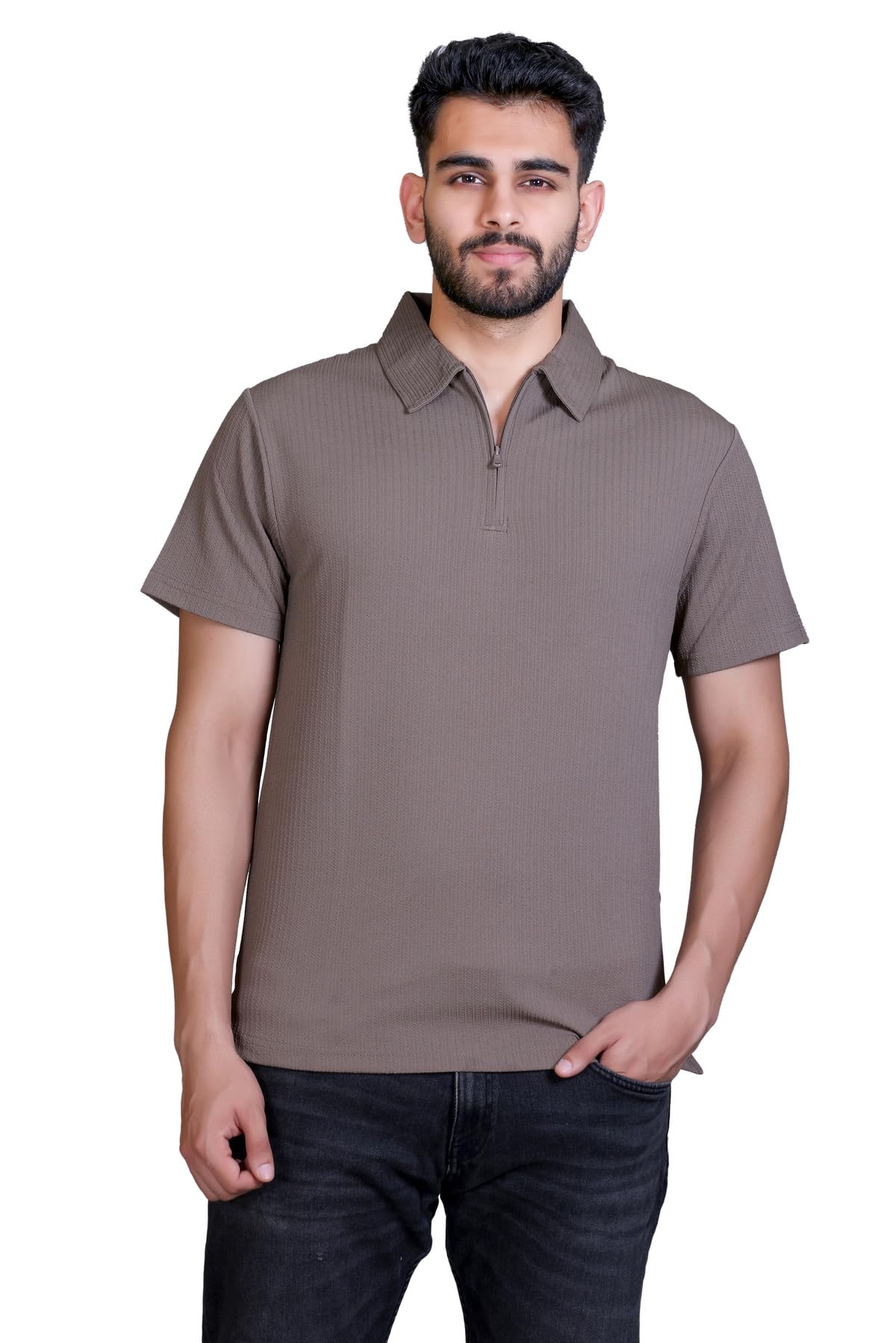 amoldo Men's Textured Solid Polo T-Shirt with Zipper-picture-33