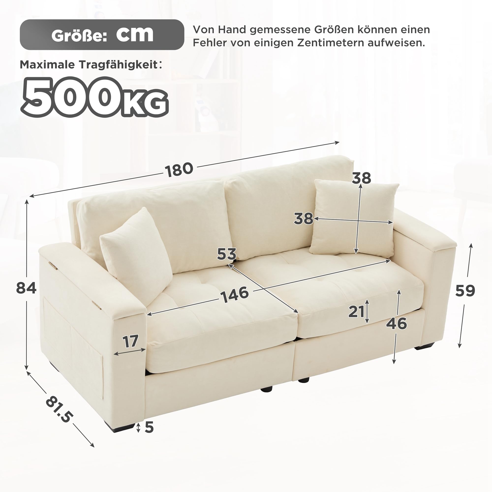 Modernes Zweisitzer-Sofa mit Stauraum in den Armlehnen, aus weichem Chenille-Stoff, inklusive 2 bequemen Kissen, mit hochdichter Schaumstoffpolsterung für höchsten Sitzkomfort (Beige)
