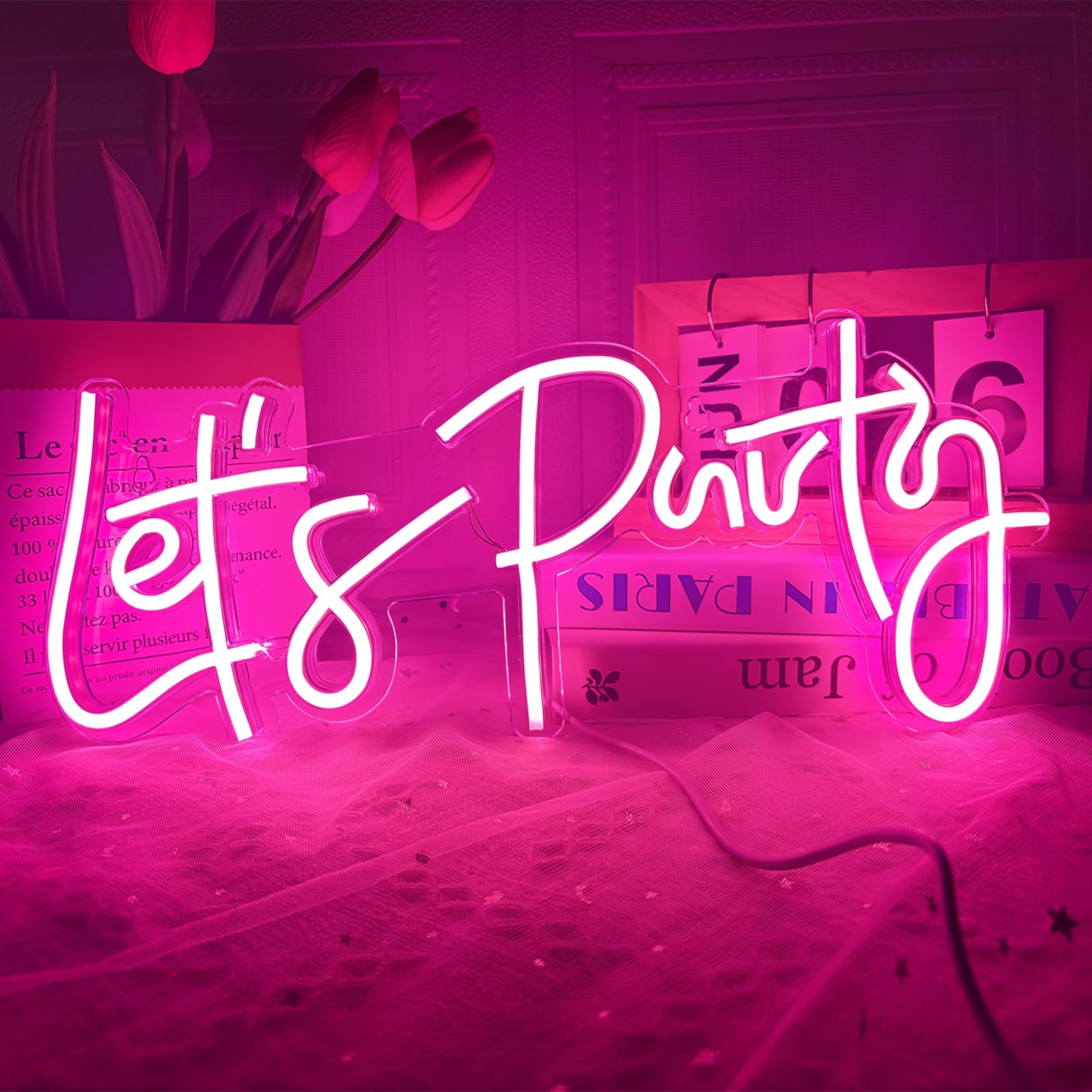 Let's Party Neon Sign Pink LED Neon Light Signs for Wall Decor USB Powered