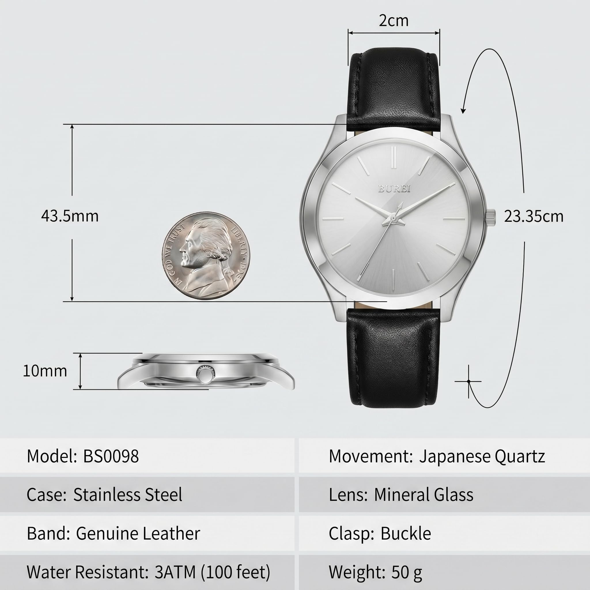BUREI Modische Herren-Armbanduhr aus Edelstahl, Quarz-Armbanduhr mit japanischem Uhrwerk für Herren, Klassische Luxus-Uhr, 42 mm