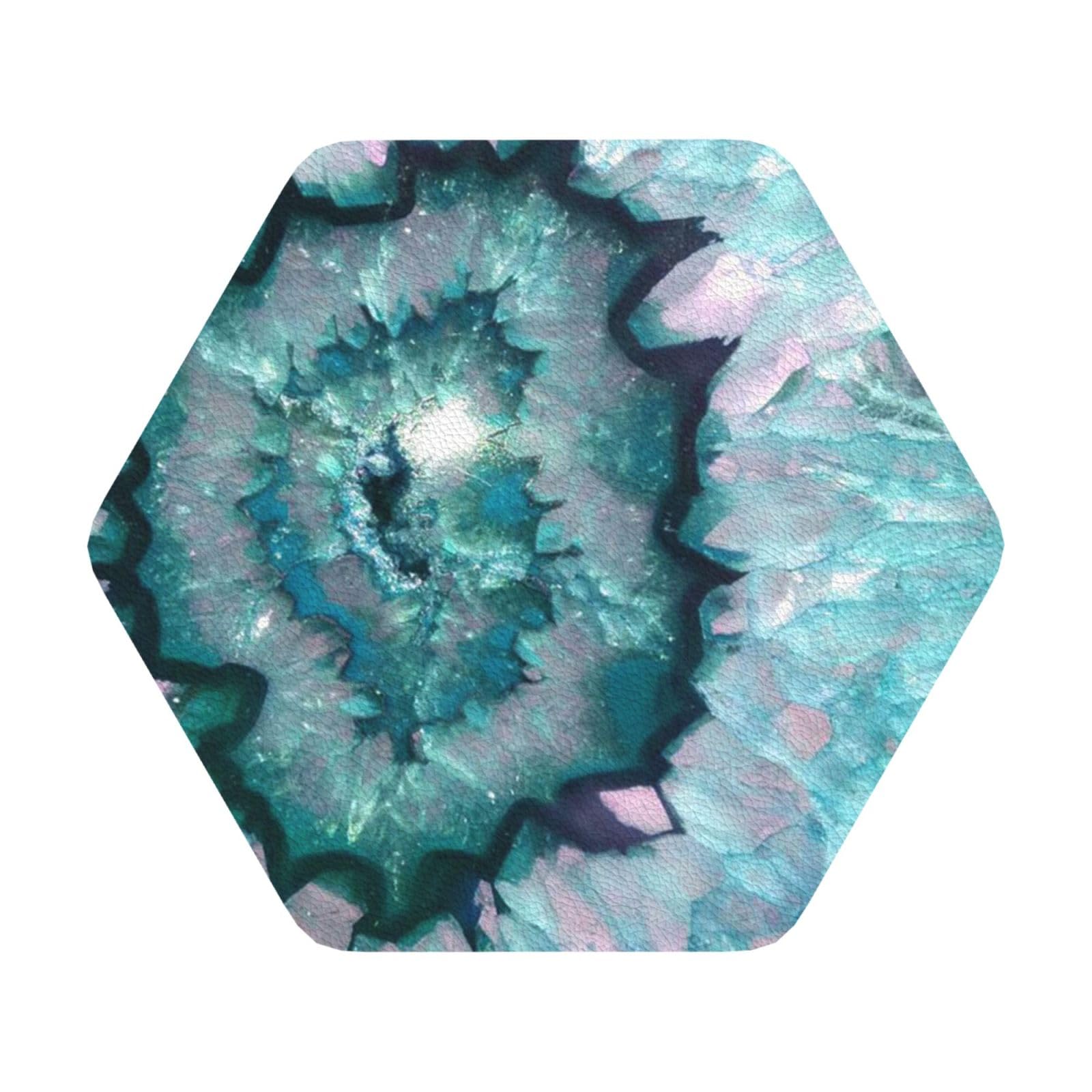 Teal Agate PU Leather Coasters Set of 6 Hexagon Drink Coasters