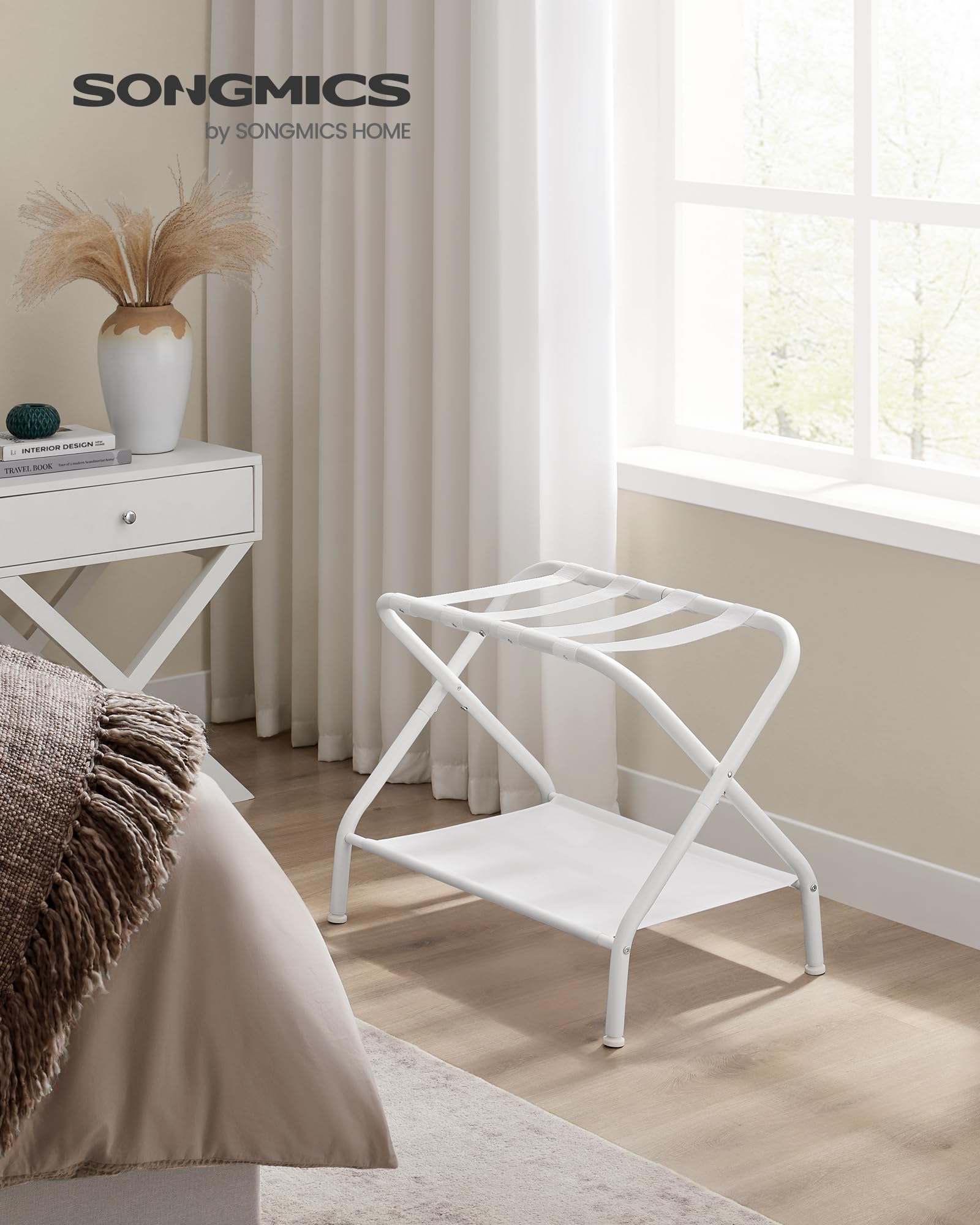 SONGMICS Lot de 2 porte-bagages avec étagère de rangement en tissu, peut supporter jusqu'à 50 kg, 69,9 x 38,1 x 52,1 cm, blanc nuage RLR002W02