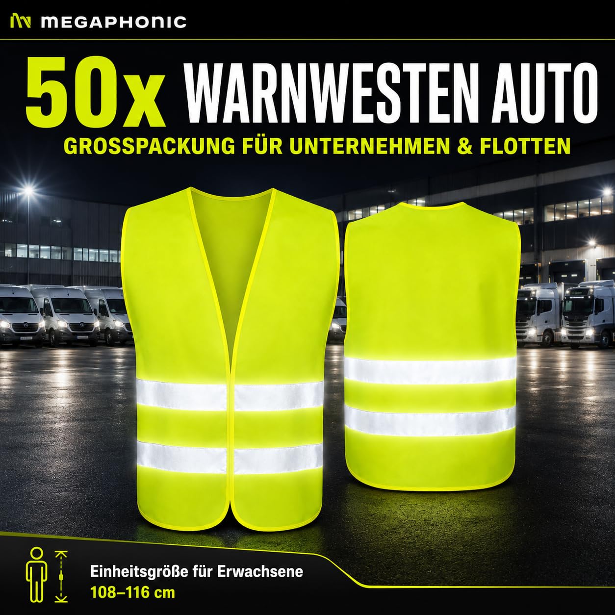 MEGAPHONIC Warnwesten Auto – Reflektierende Auto Warnweste für Kfz, Panne, Notfall & Sicherheit, Warnweste Auto in verschiedenen Packungsgrößen
