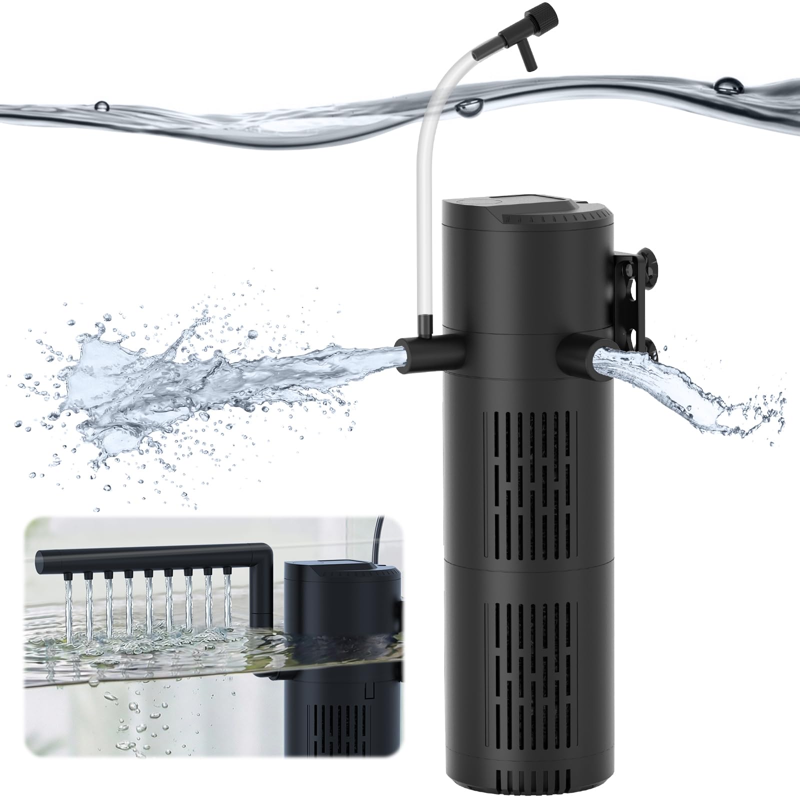 Filtre d'aquarium pour aquariums de 78 à 180 litres, filtre interne d'aquarium, filtre submersible pour tortues, avec modes d'aération/pluie et double sortie d'eau