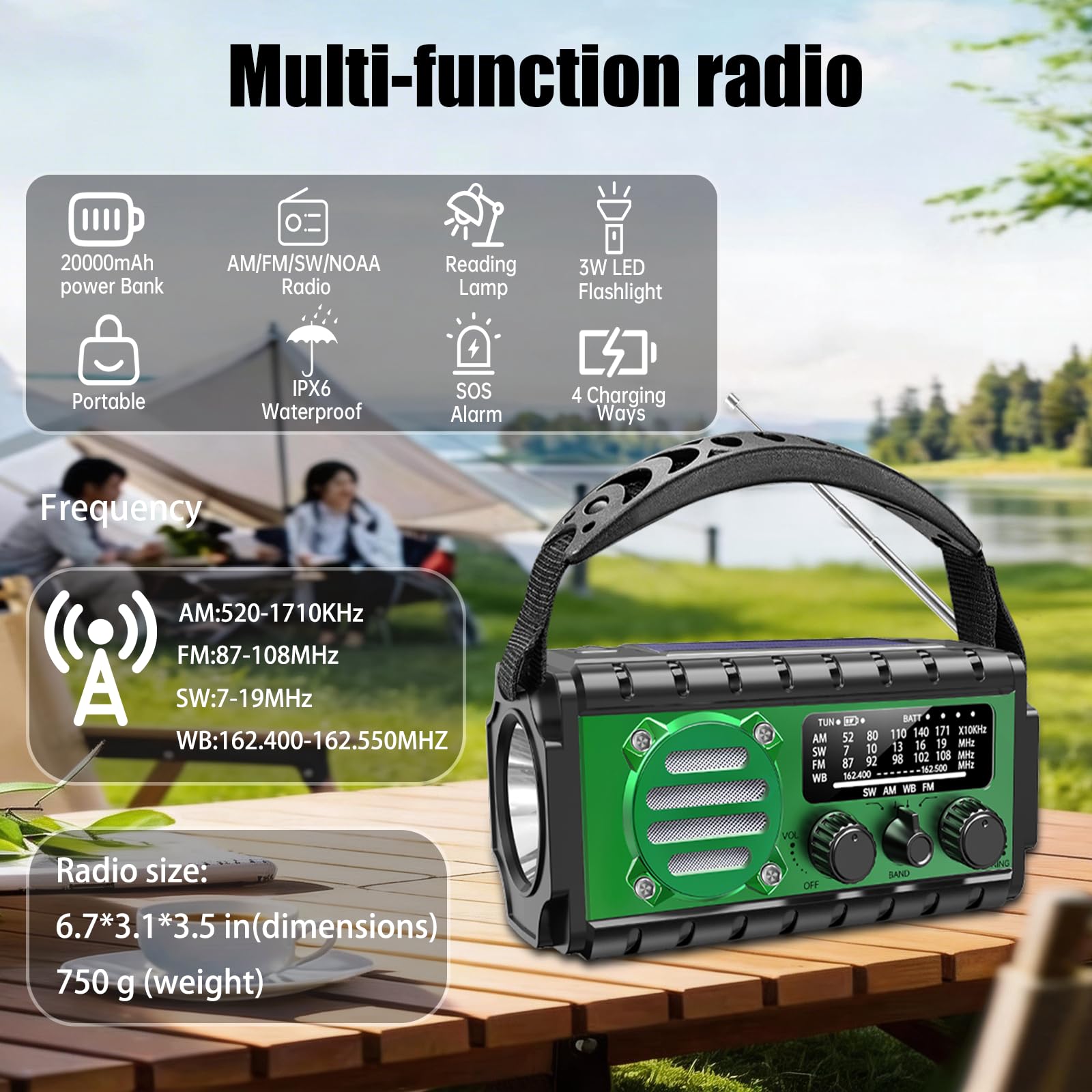 Radio de emergencia de 74000 mWh con clima NOAA, radio de supervivencia portátil SW/AM/FM con batería solar recargable de carga rápida, linterna, lámpara de lectura, sirena SOS para el hogar y