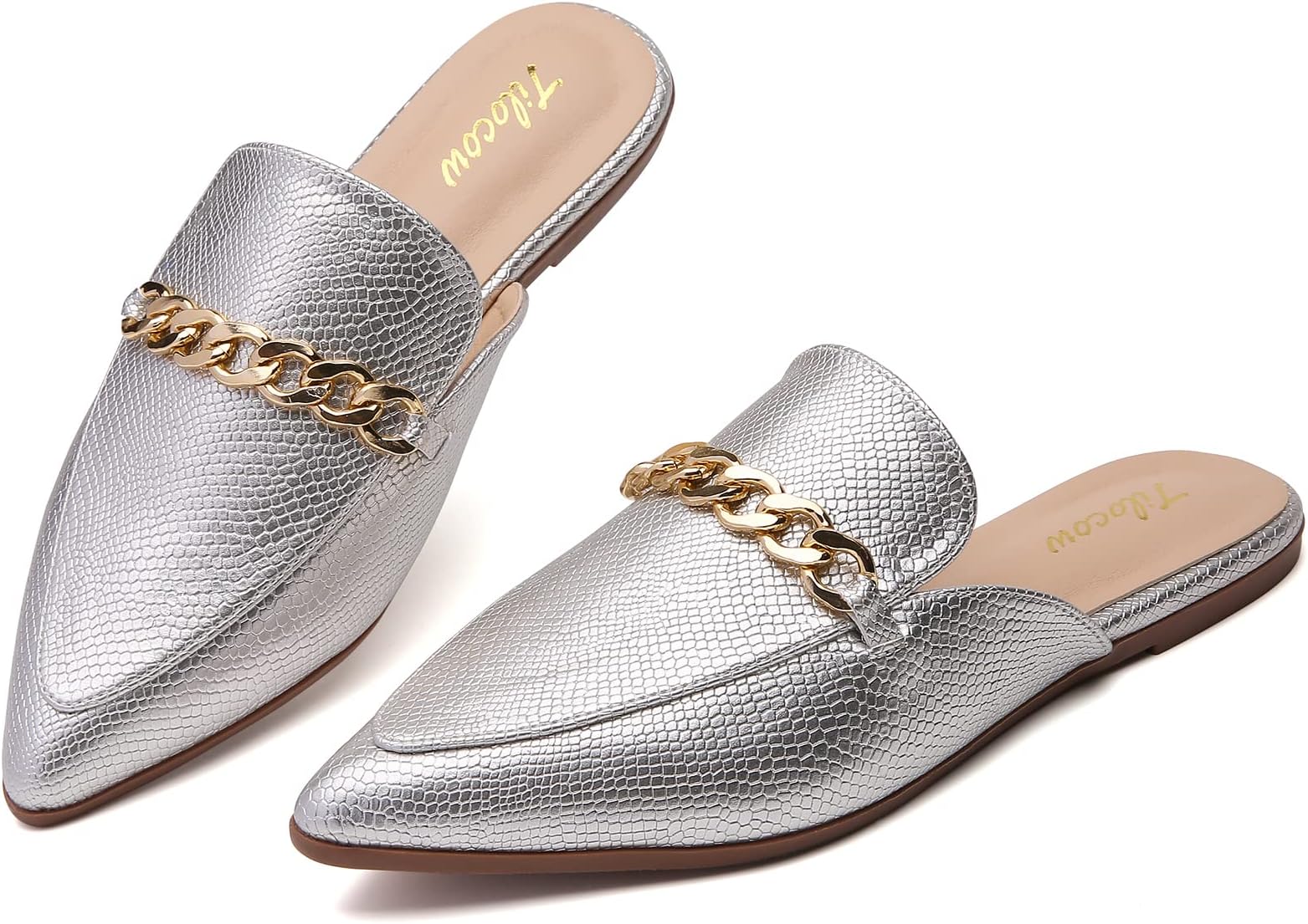 TilocowChain Mules for Women Round Toe Backless Flat Mules Comfortable Slides Mules Shoes Ladies Slip-on Loafers