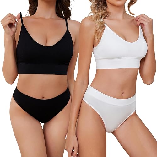 DingCo 2-Pack Bra And Panty Sets, Wireless Ribbed Seamless Basics | Lingerie Set For Women, Textured Knit, Soft Stretch, Everyday Wear - Medium - Black & White