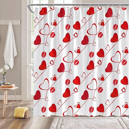 Miniatura 2 de Cortina de ducha para el día de San Valentín, diseño de corazón rojo con estampado de labios, romántico, dulce pareja, decoración de baño, cortinas
