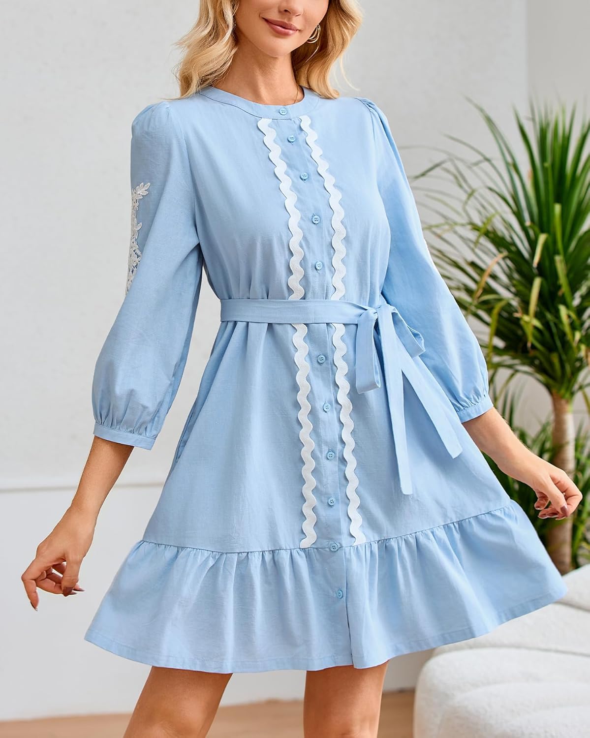 Women's Button Down Shirt Dresses Casual Crew Neck Belted 3/4 Sleeve Flowy Ruffle Hem Mini Dress - Image 5