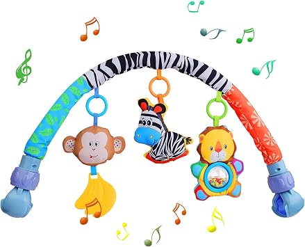 Baby Arch Pram Toys for Babies 0-6 Months Pushchair & Pram Toys with Rattle/Squeak Musical Sensory Hanging Crib Arch Mobile Stroller Toys for Newborn Infant Boys Girls