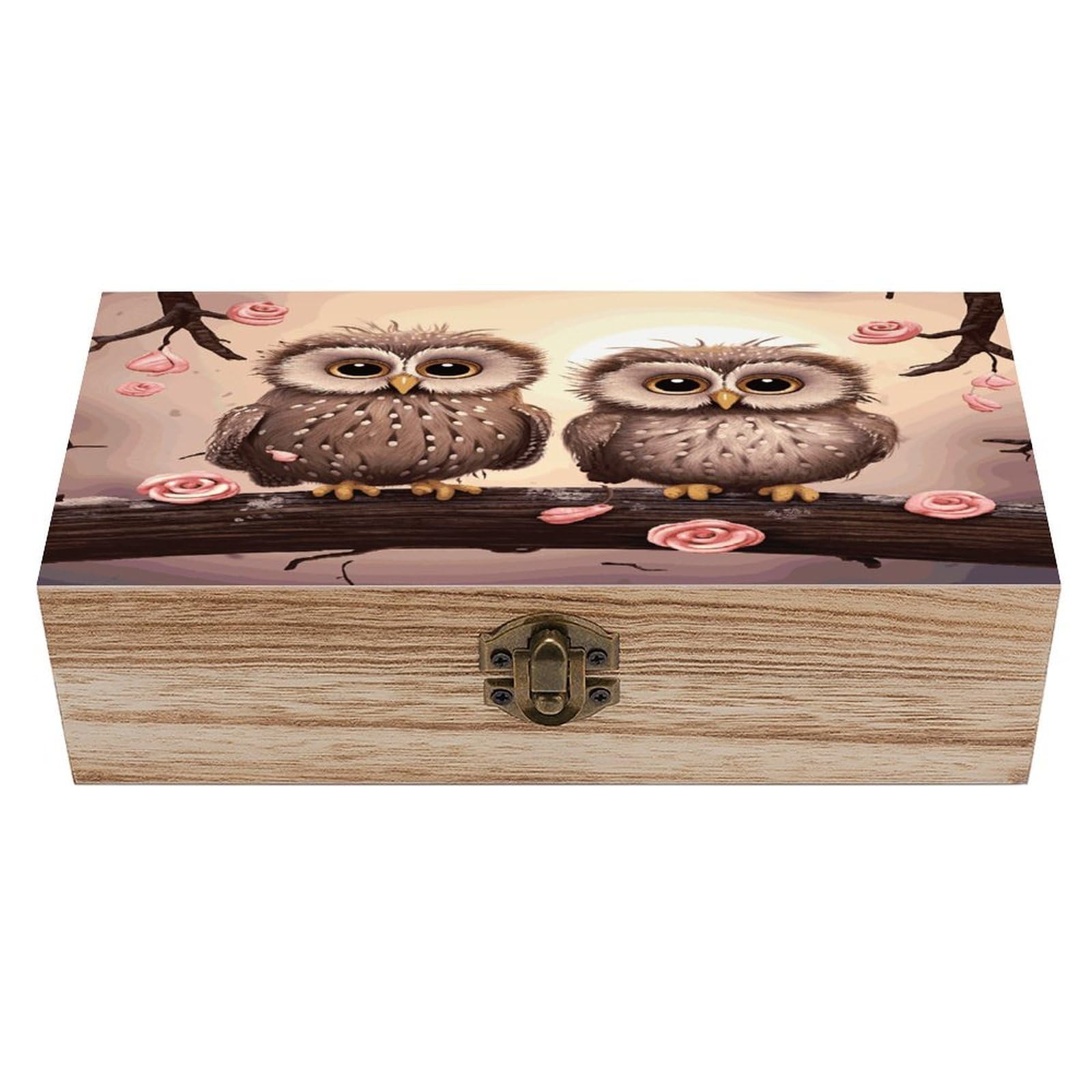 FekiLoot Cute Owls Wooden Box with Hinged Lid Vintage Storage Box Beautifully Wood Keepsake Boxes Jewellery Organiser & Trinket Holder Unique Gift Ideas for Men & Women