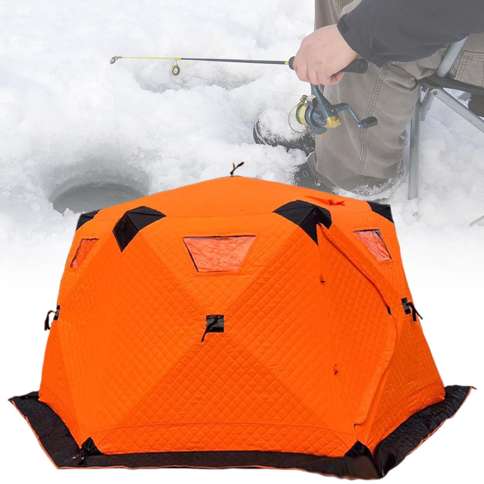 Pop-Up Insulated Ice Fishing Shelter 5-8 People,Foldable Winter Camping Hexagon Shanty Double Doors,for Family Group Going Out Travel,Orange