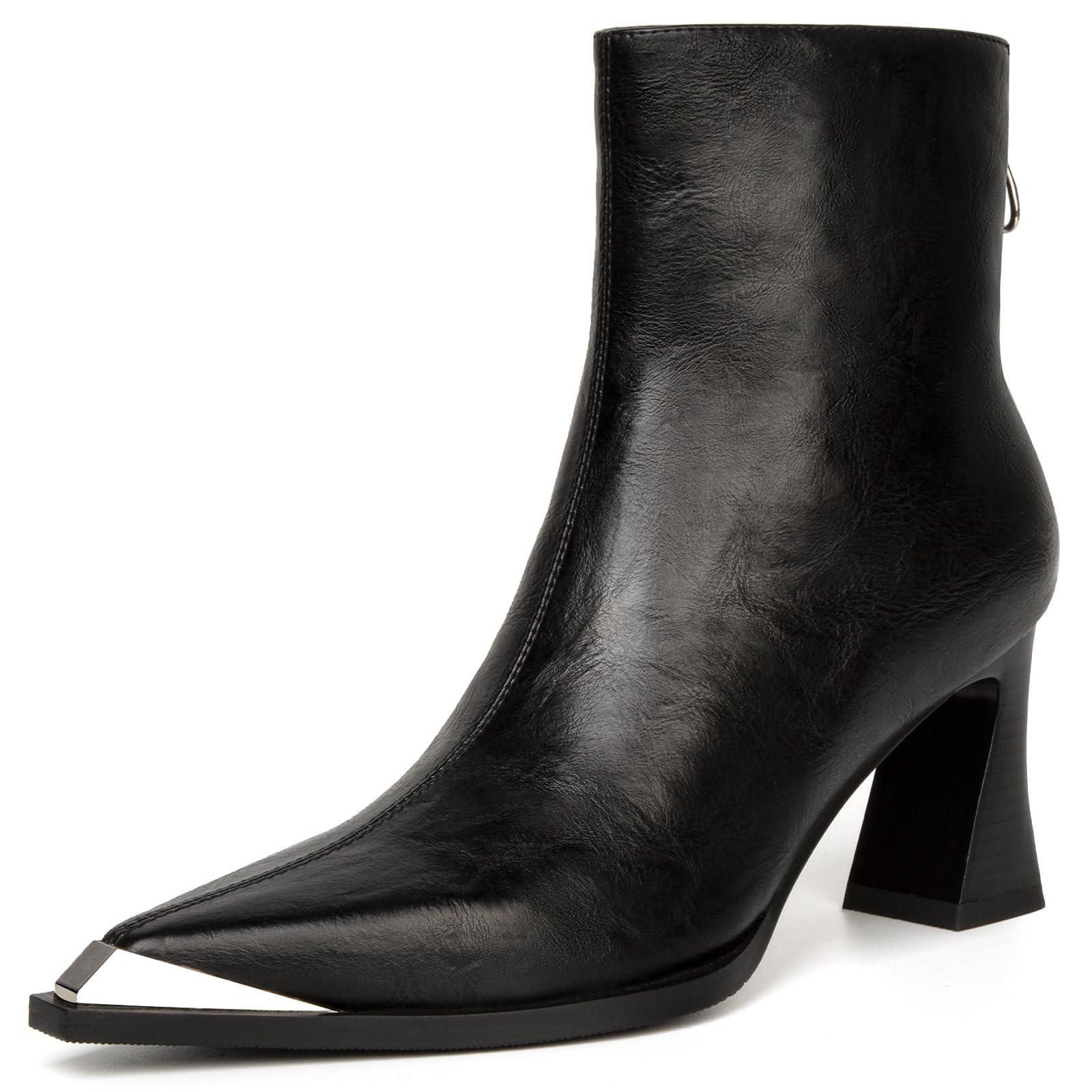 Pointed Toe Ankle Boots for Women Metal Leather Side Zipper Chunky Block Heels Comfortable Fall Booties Women Short