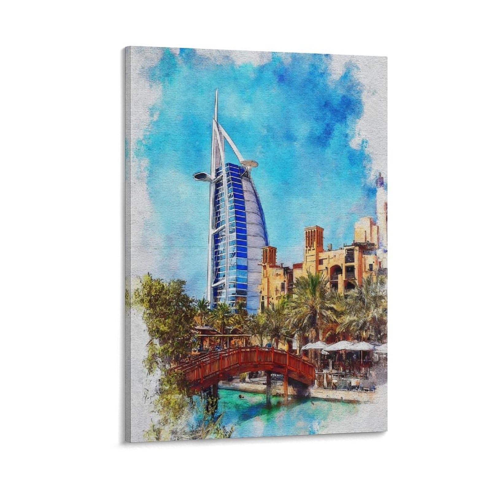 Cnaheiz Frame-Style Dubai Burj Al Arab 24X36inch(60X90cm) Vintage Travel Poster Watercolor Canvas Art