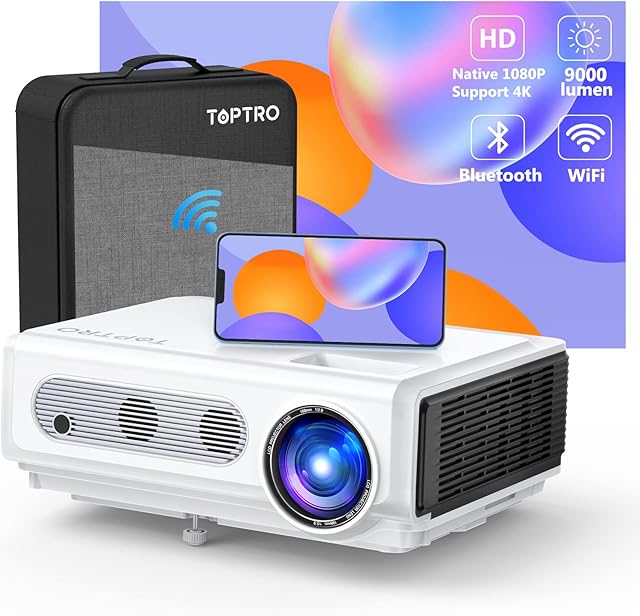 TOPTRO Projector WiFi 5.0 Bluetooth Projector Native Full HD 1080P Projector Support 4K, 9000 Lumen Video Projector, Support Keystone & Zoom, Remote Control, Compatible with Phone/TV Stick/PC/PS4