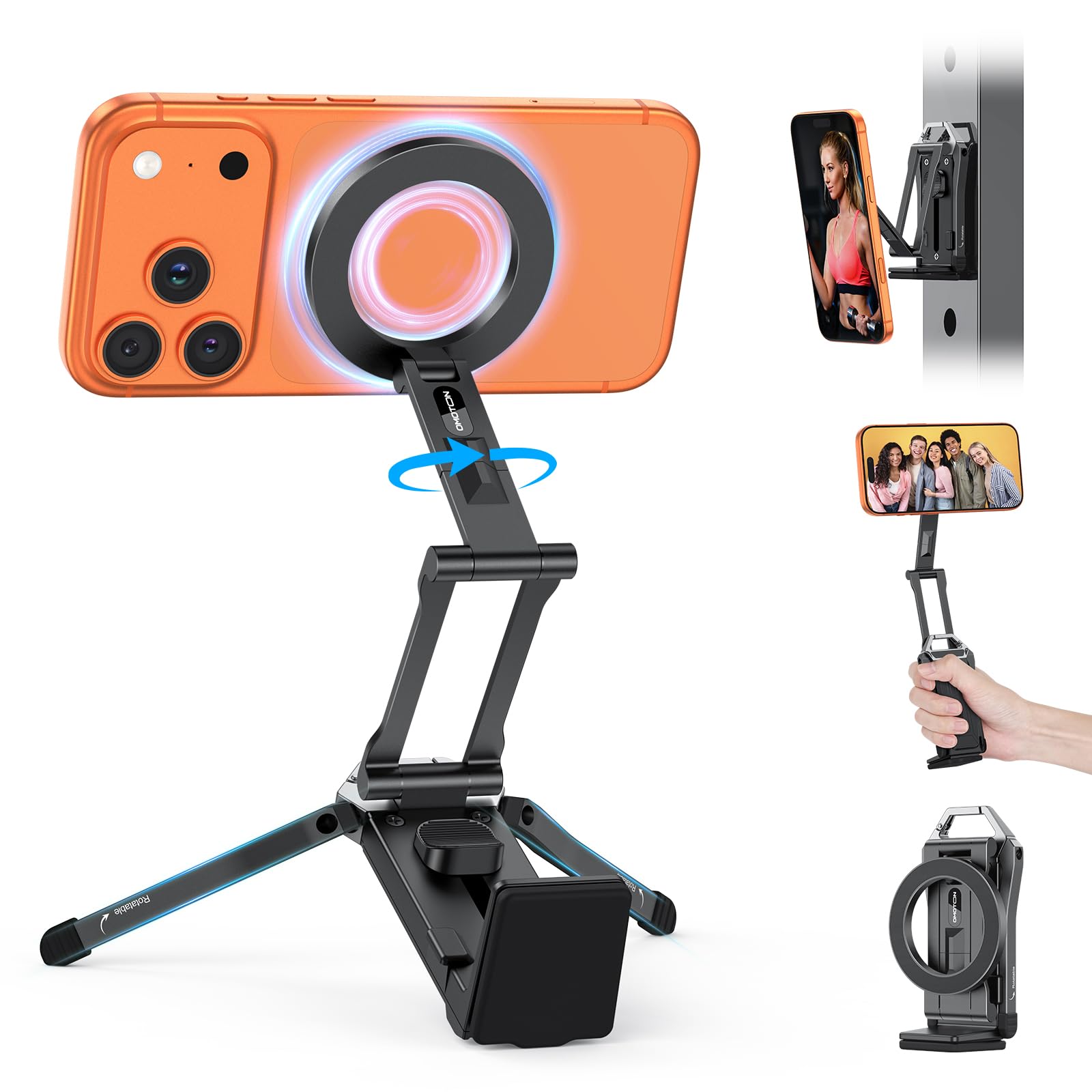 OMOTON Magnetic Phone Tripod Stand for MagSafe Mount, Adjustable Aluminum Phone Holder for iPhone 17 16 15 14 Series, Foldable Travel Essentials Accessories Fits Vlog, Gym, Black