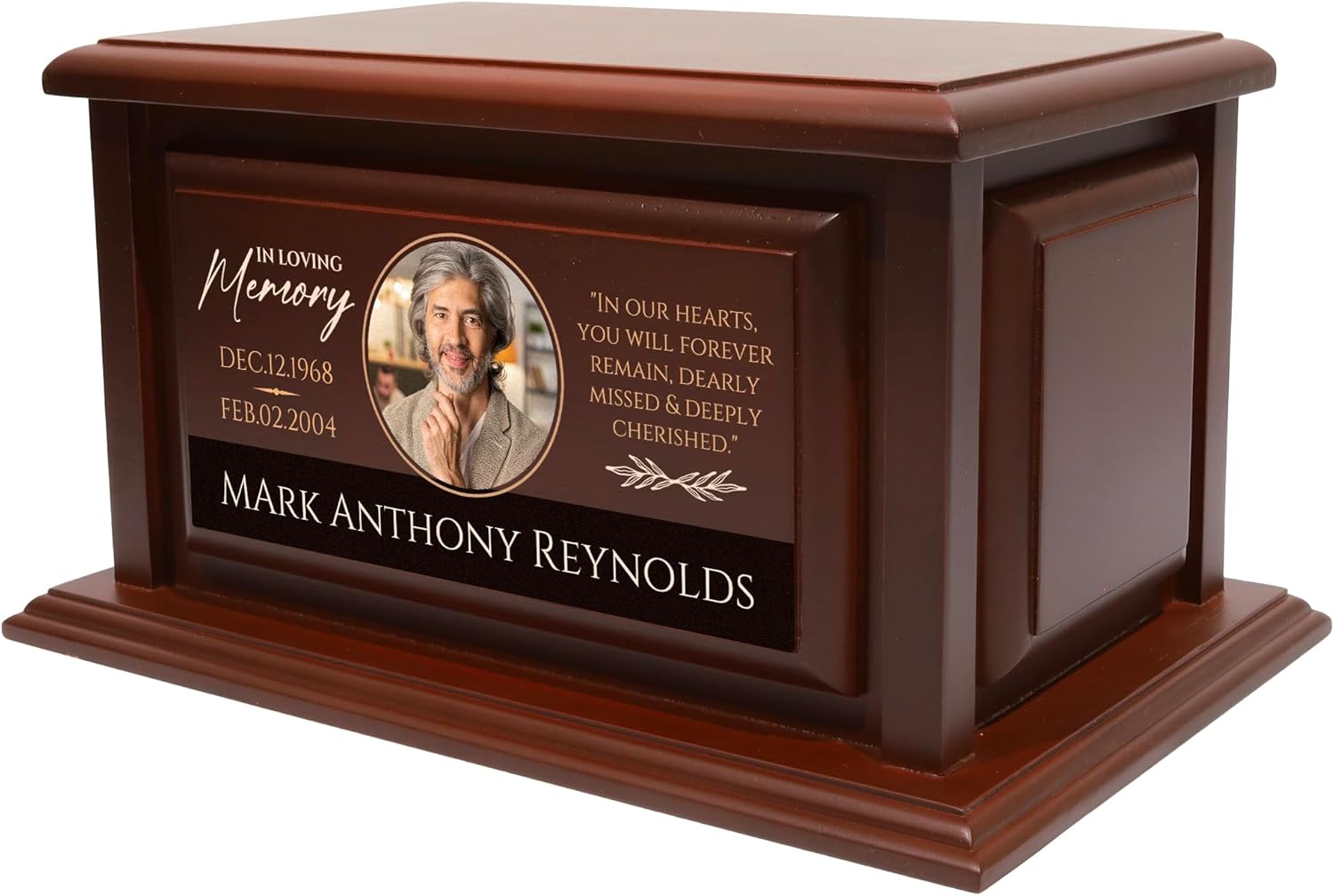 250lbs Personalized Urns for Ashes Made of Solid Pine Wood, Custom Urn Box for Human Ashes, Large Burial and Cremation Urns for Ashes, Cherry Wood Color Urns (Design 4)
