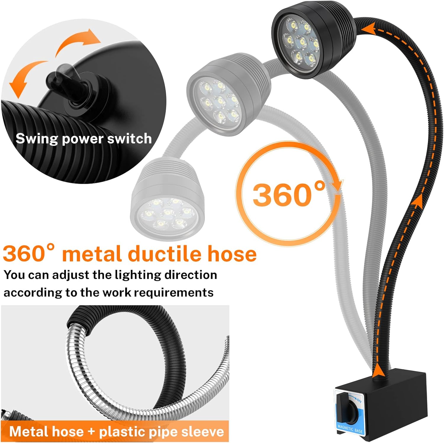 Magnetic Work Light, Led Magnetic Lamp, IP65 Water Proof Flexible Gooseneck Lamp 1400 Lumens for Lathe Milling, Drill Press, Industrial Lighting,With 12T Magnetic base…