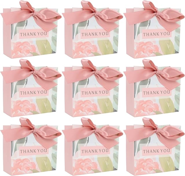 24Pcs Thank You Gift Bags with Pink Bow Ribbon Small Favor Bag Paper Gift Bags for Birthday Wedding Party Baby Shower Bridal Shower Pink Flower