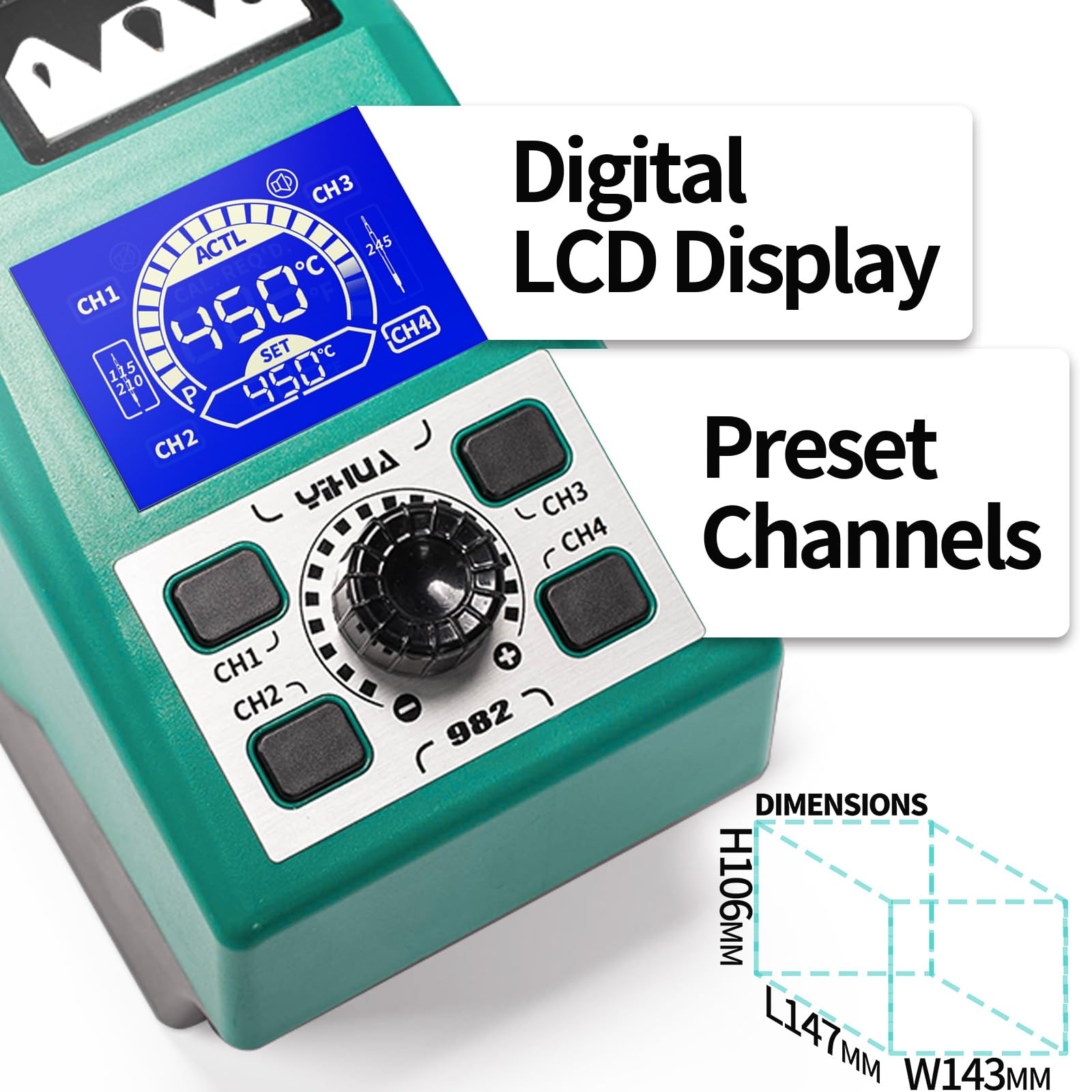 YIHUA 982 Präzisions Lötkolben Stations Kit mit digitalem LCD-Display, Typ-C210 Lötspitzenkartuschen, Lötdrahtspender und 4 Speicherkanälen, automatischer Abschaltung EU PLUG (Grün)