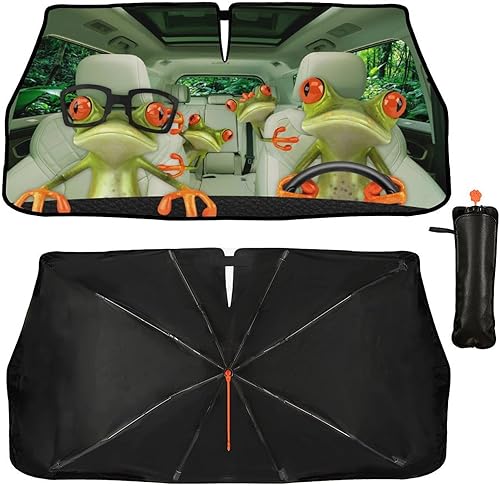 Miniatura 2 de CHILLTEK Parasol plegable para parabrisas de automóvil, diseño de animales divertidos, con rana, para ventana delantera, reflector, UV, protección