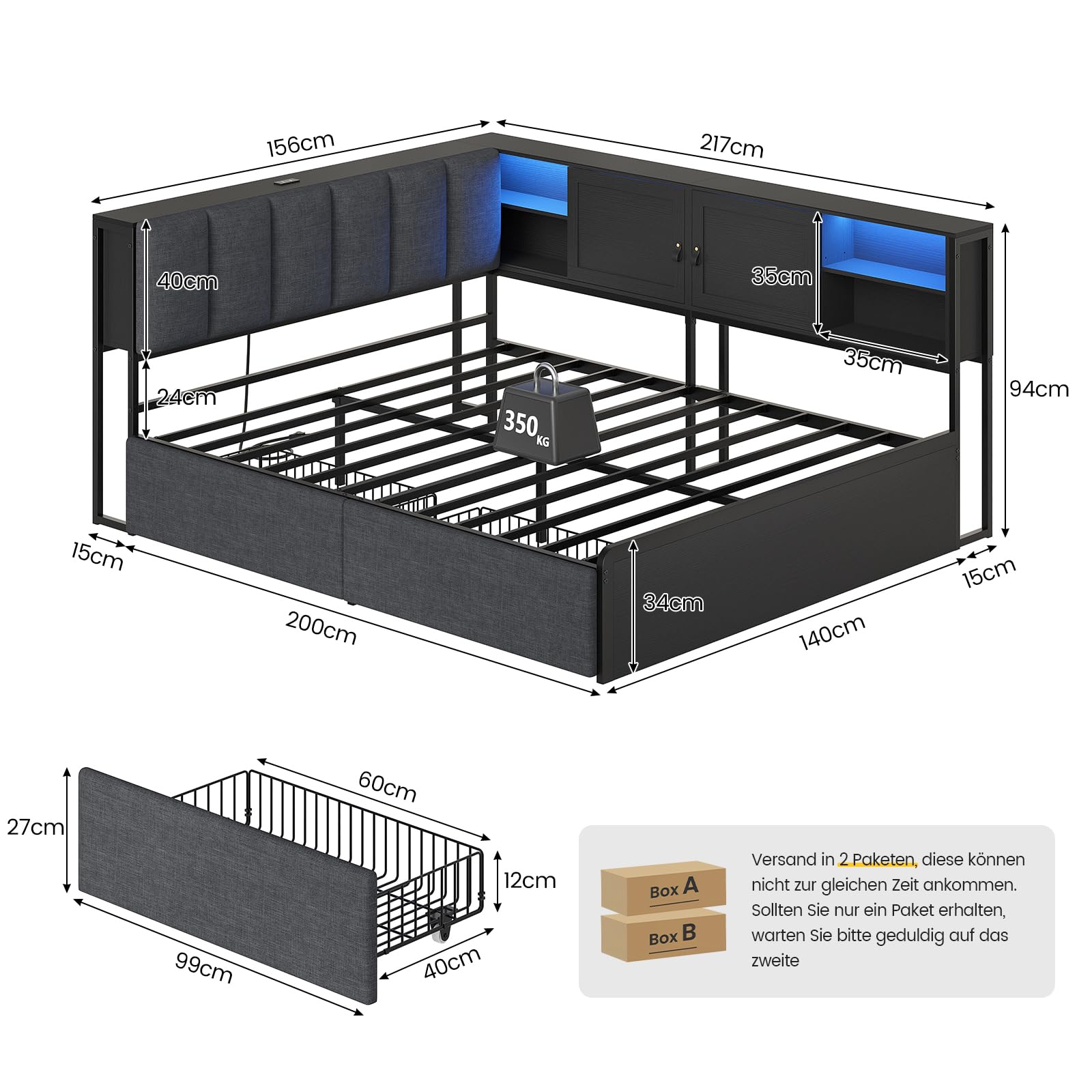 KIMENICH Polsterbett Schlafsofa 140x200 cm, Jugendbett 140x200 cm mit LED-Beleuchtung und Ladestation, Tagesbett mit 2 Schubladen, Seitenschrank mit Schiebetüren, Kopfteil mit Stauraum, Schwarz