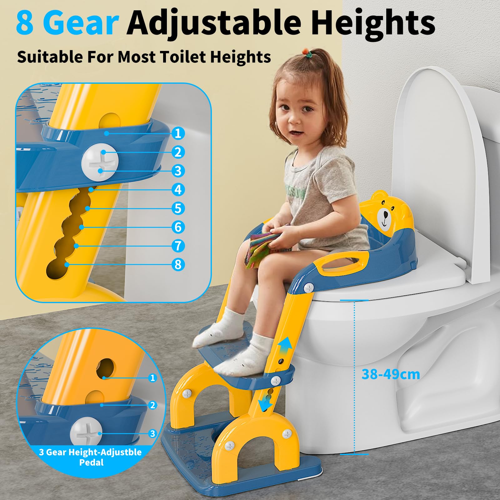 Sedile WC per bambini con scale, accessorio per WC aggiornato, per bambini e bambine, 2 in 1, con scale, regolabile in altezza, comodi sedili per WC sicuri, poggiapiedi per bambini (Blu Giallo)
