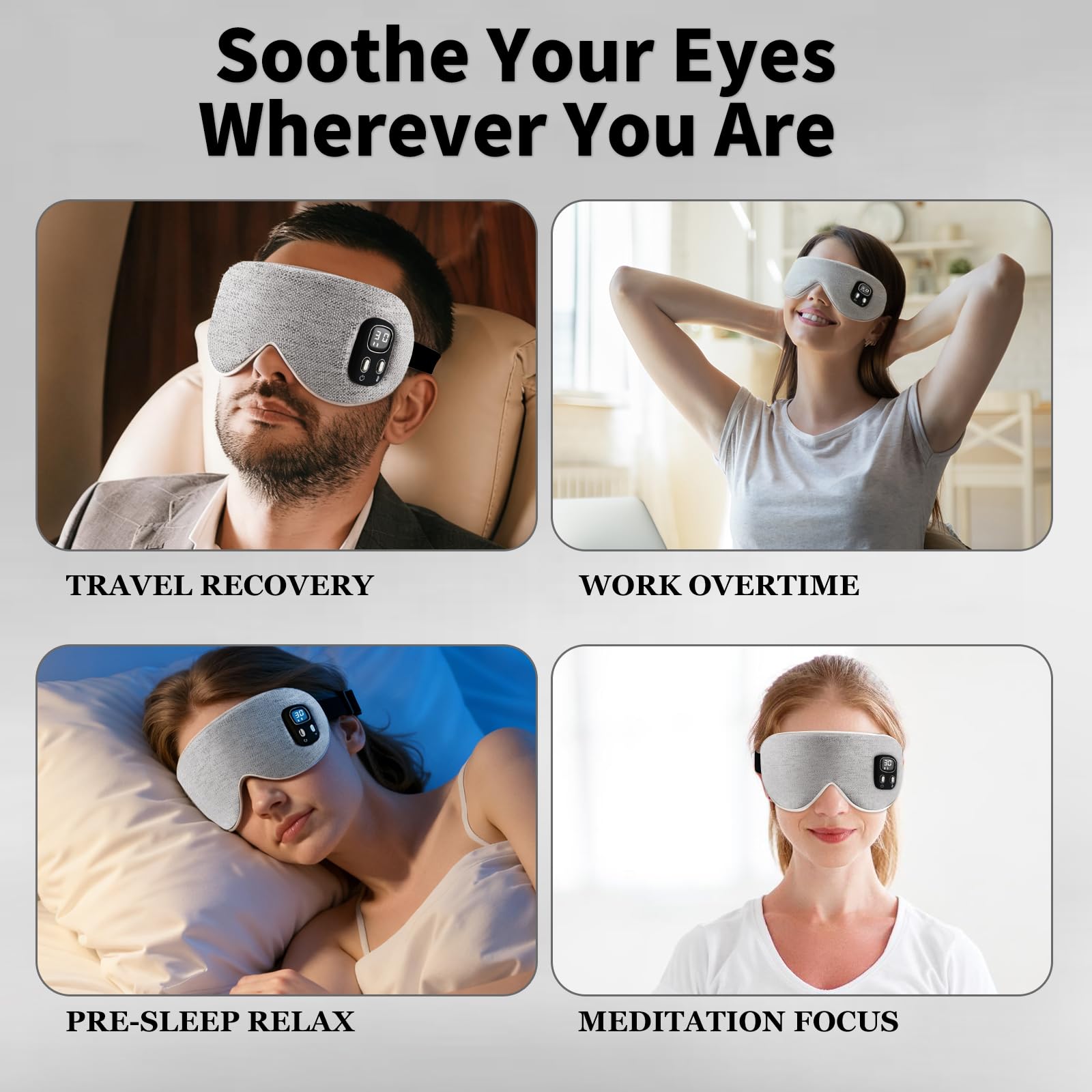 Máscara térmica para ojos – Máscara de ojos inalámbrica para ojos secos, alivio de ojos, sueño mejorado, almohadilla térmica lavable para viajes, extraíble para limpieza y 2 fundas, tiempo y