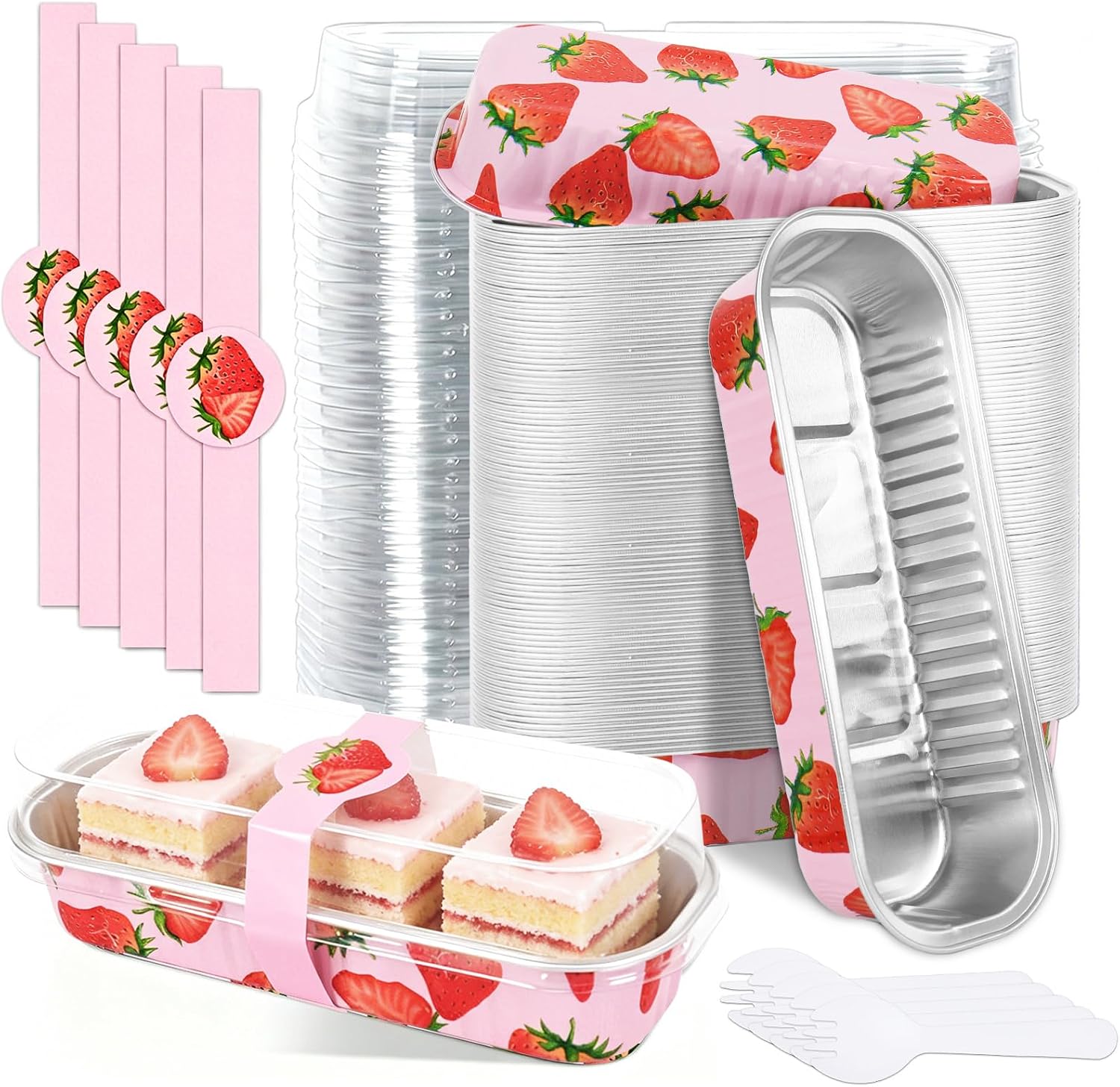 FYSUIMU 100 Pcs Christmas Mini Loaf Pans with Lids and Forks 6.6 x 2.6 x 1.2 Cake Pans Green Xmas Tree Rectangular Aluminum Foil Baking Pan for Muffin Ramekins Party Picnic Supplies