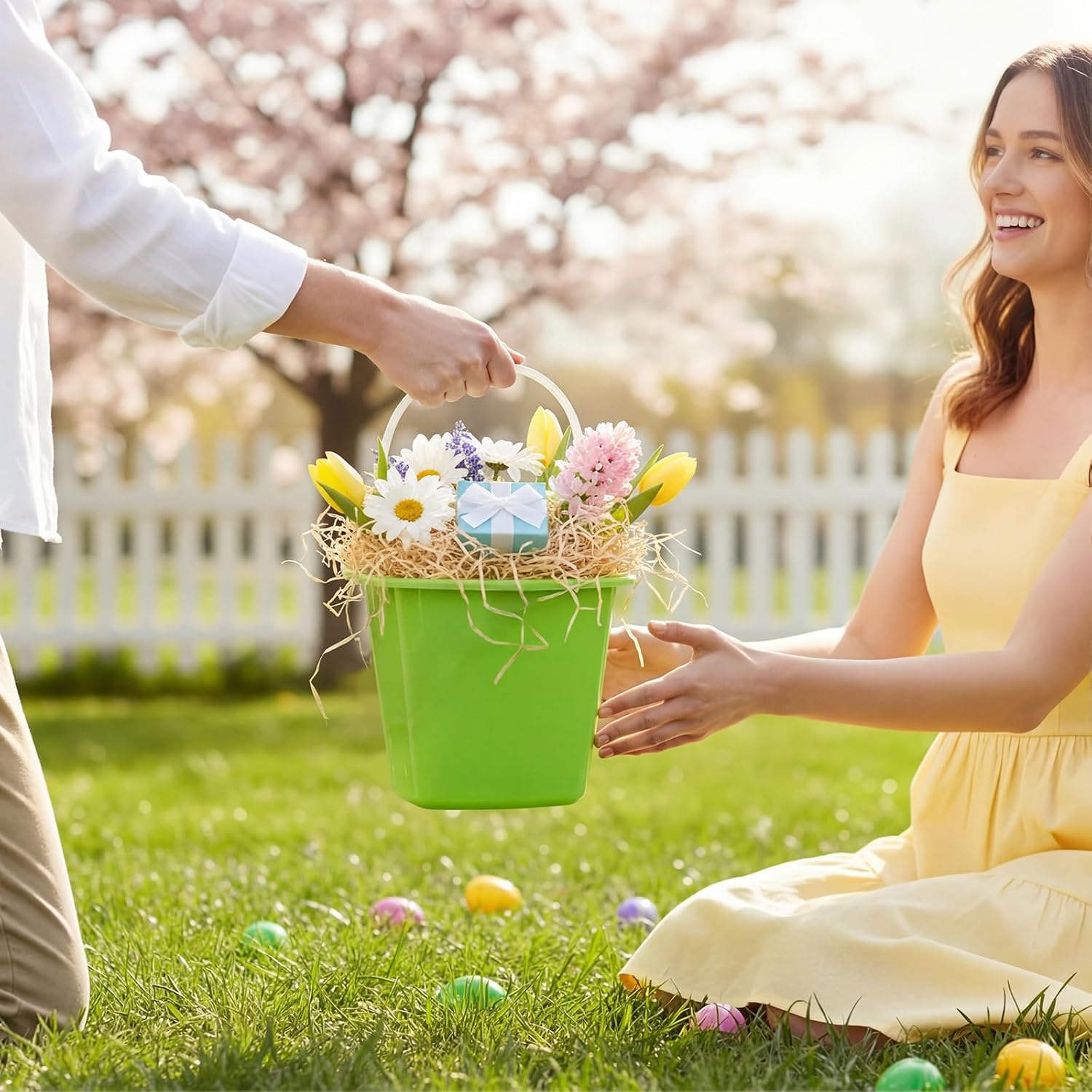 FillTouch 12 Pack 7.5 Inch Easter Buckets for Egg Hunt with Raffia Grass Plastic Easter Basket with Handles Colored Square Pails Bulk for Party Favors Themed Supplies Festive Decorations Friend Gift