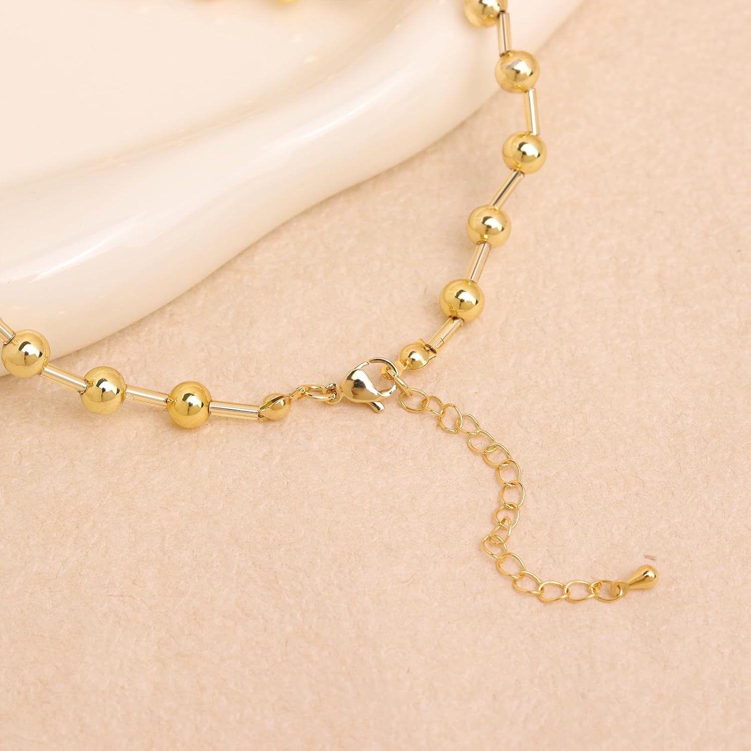 Gold Ball Beaded Stack Link Necklaces for Women, Dainty Boho Handmade Golden Cylinder Stackable Necklace Fashion Jewelry Gift. - Image 5