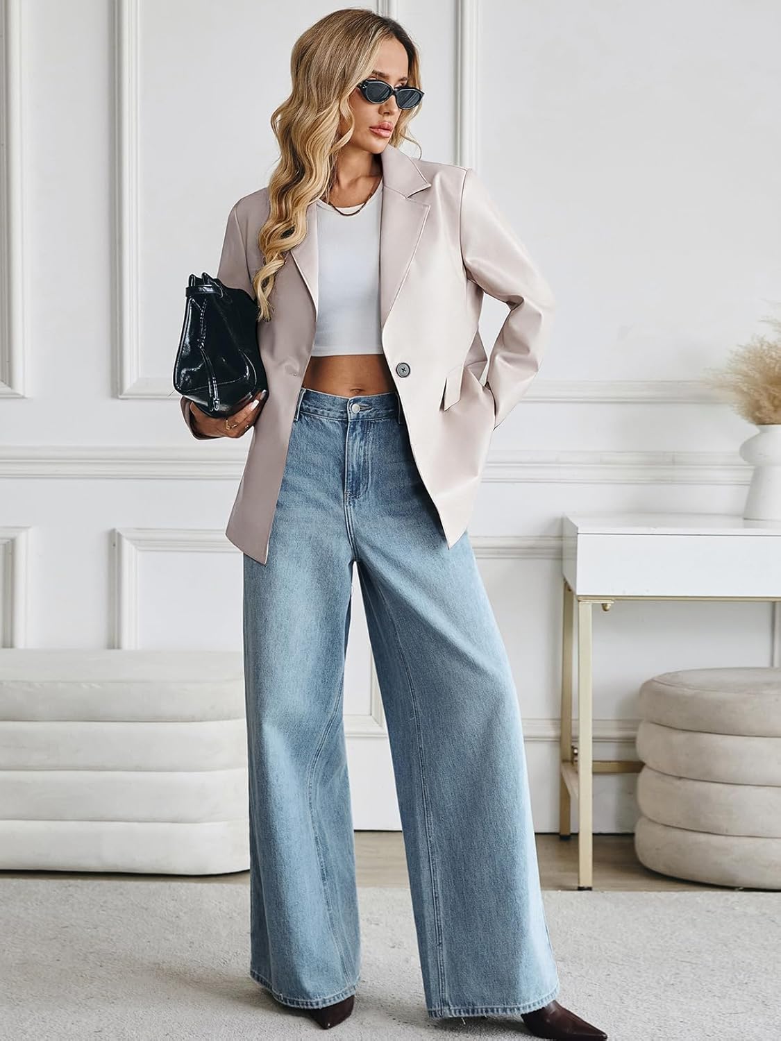 Women's Faux Leather Blazer Oversized Bomber Winter Coat Motocycle Button Down Fall Jackets with Pockets - Image 5