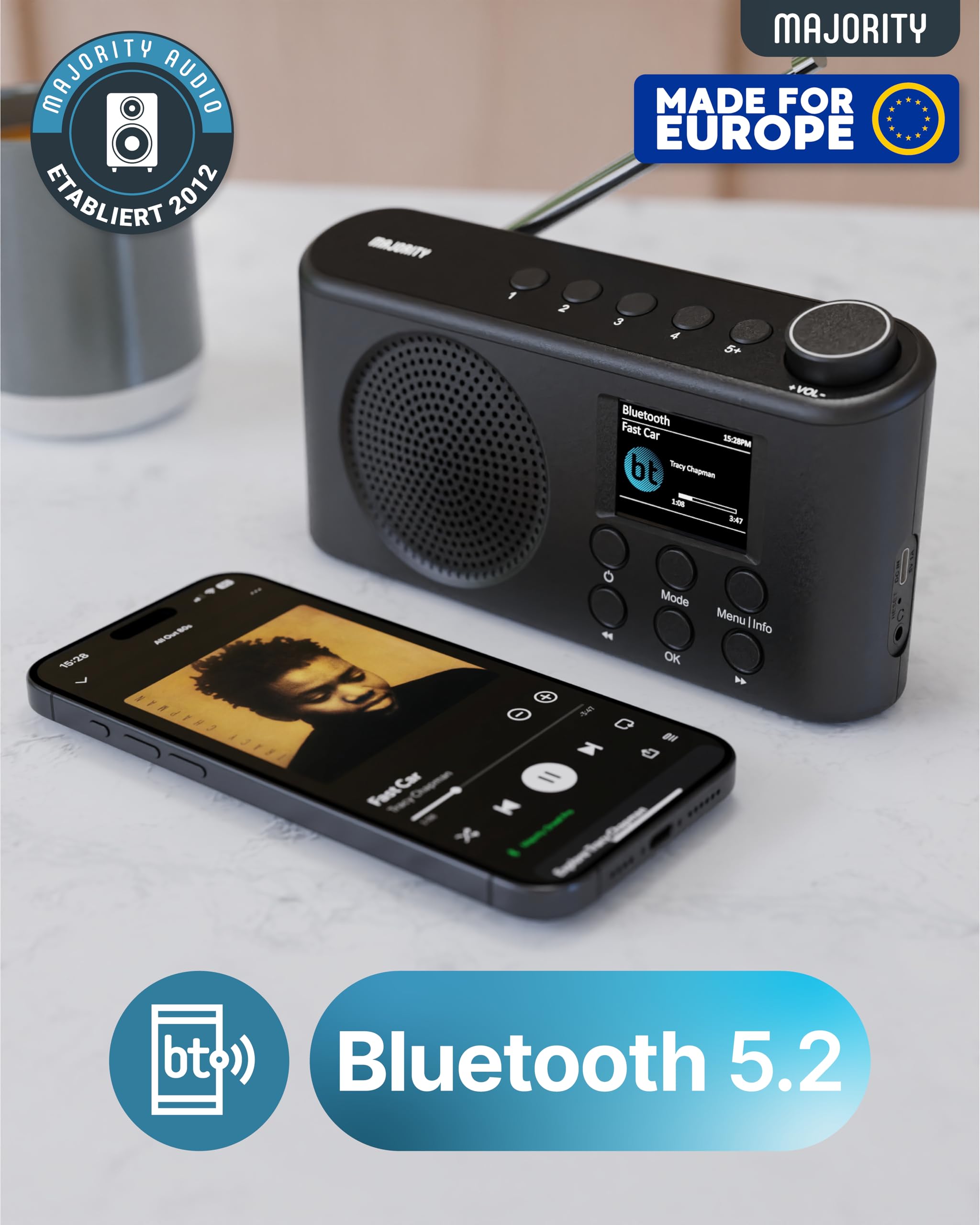MAJORITY Orwell Pro DAB Plus Radio | Küchenradio DAB+ & UKW | Mini Radio mit Bluetooth 5.2 | Kofferradio Akku mit 15 Stunden Akkulaufzeit | Digitalradio mit 40 Voreinstellungen für Küche und Büro