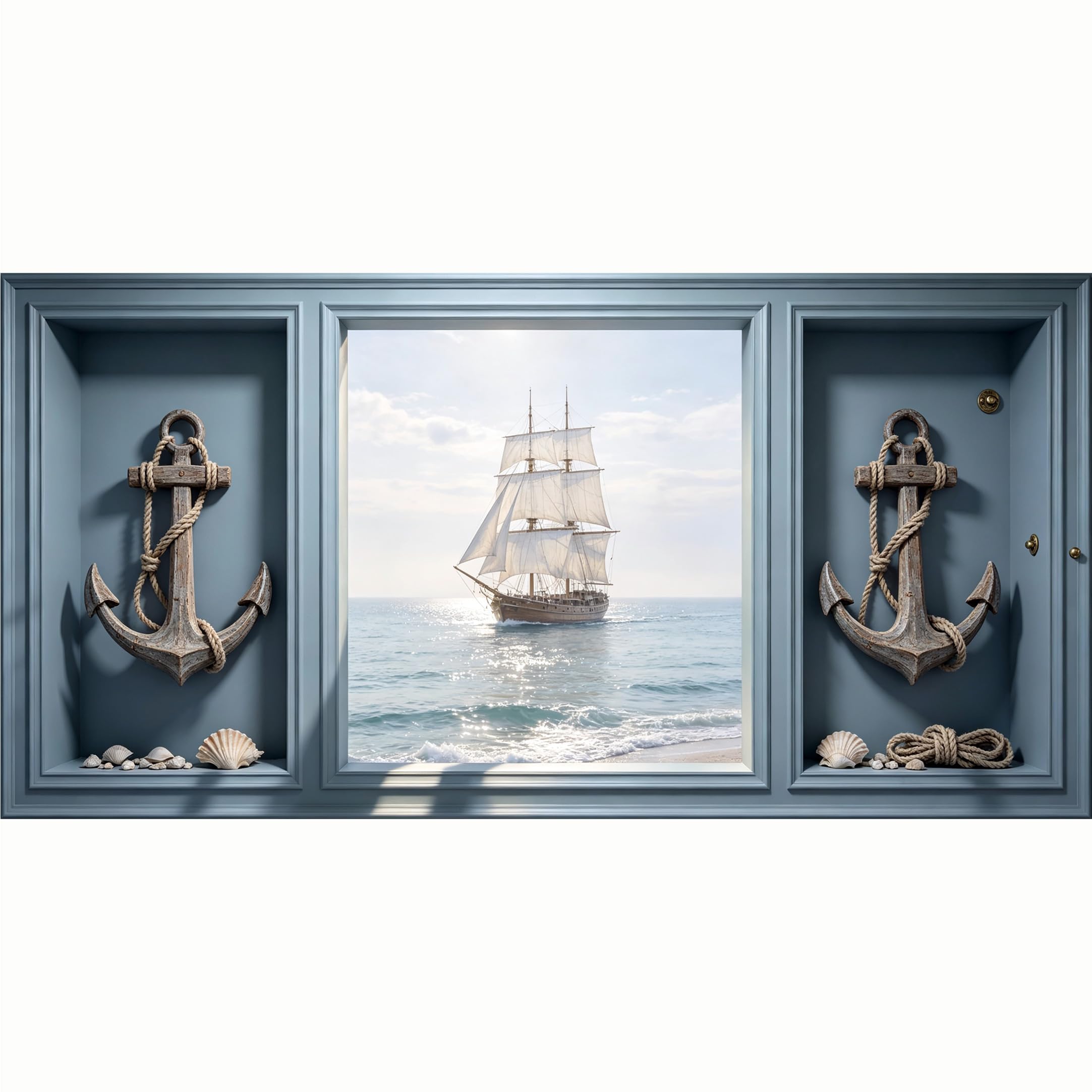 QZLITHOTIC 50x100cm 3D Framed Wall Art， Coastal Ocean Sailing Ship Anchor Nautical Scene Self‑Adhesive Mural， Water‑Activated Peel & Stick Fabric Decor Wall Decal for Bedroom Living Room