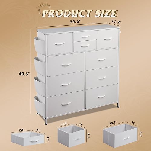 Miniatura 3 de WLIVE Cómoda blanca para dormitorio con 10 cajones, cómoda con bolsillos laterales y ganchos, cómoda de almacenamiento de poliuretano, marco de
