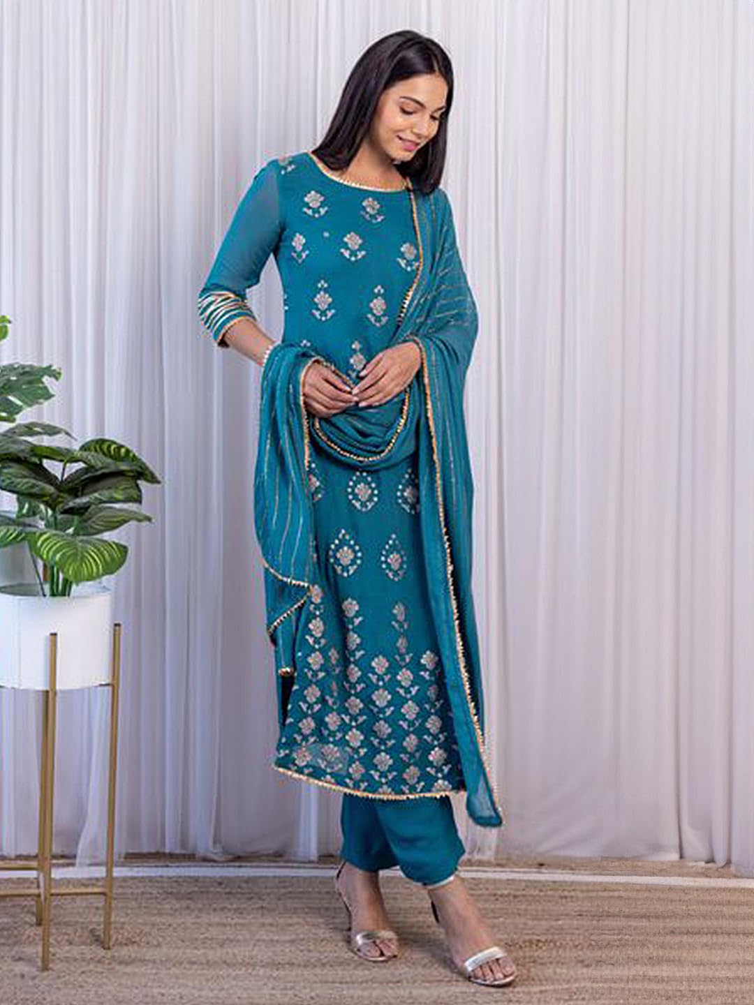 FUSIONIC Teal Color Base Kurta Set With Dupatta - S SIZE 3