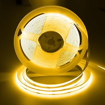 12V COB Led Strip Lights Yellow, 16.5FT/5M Cob Led Tape Lights 320Leds/M CRI 93+ Flexible Dimmable Super Bright Lights Strip for Bedroom, Mirror, Cabinet, Kitchen Room DecorOnly Strip