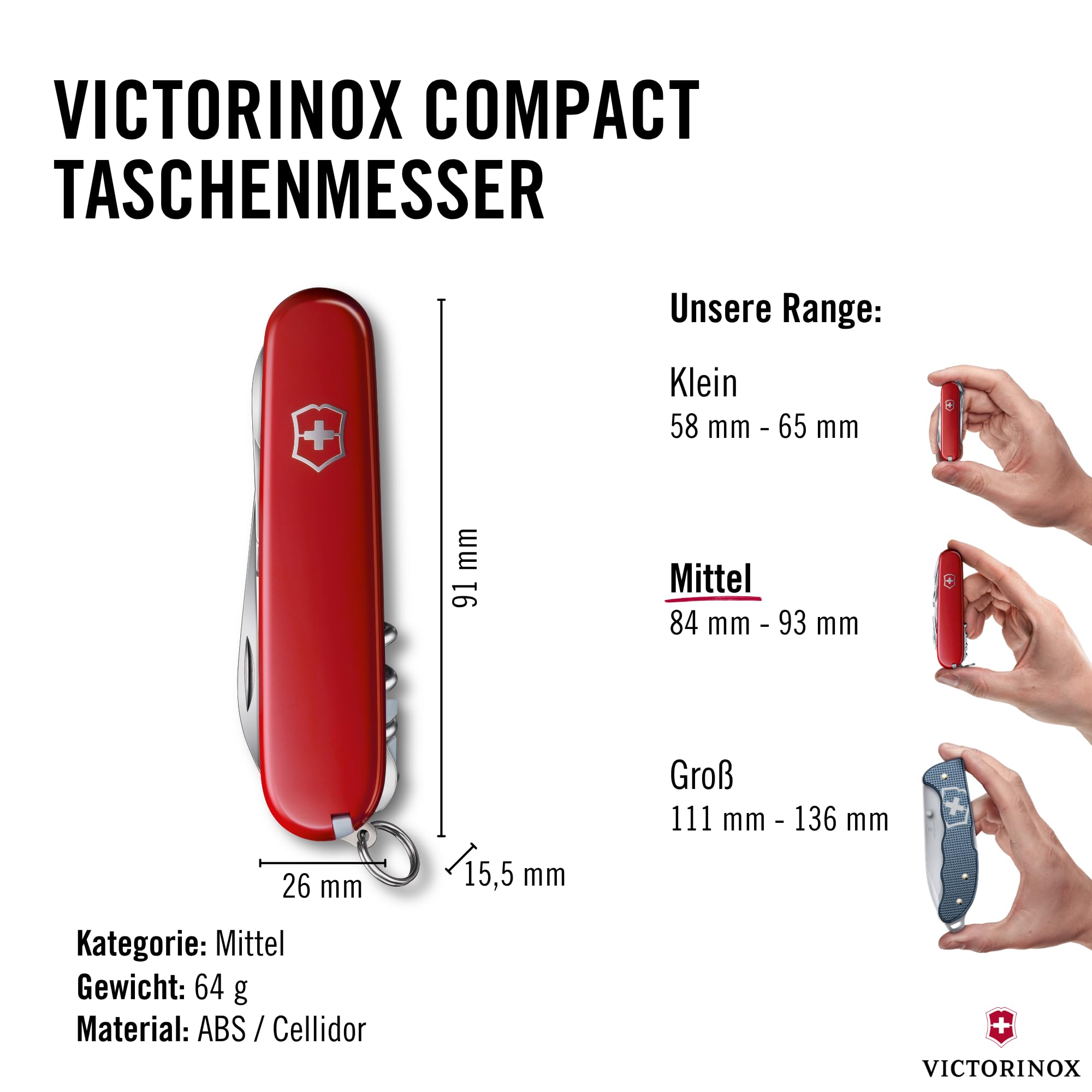 Victorinox Schweizer Taschenmesser Compact, 15 Funktionen, Swiss Made, Multitool Inkl. Klinge, Mini-Schraubendreher, Kapselheber, Rot | Schweizer Armeemesser | Schweizer Messer mittel | Taschenmesser für Herren | Alltag