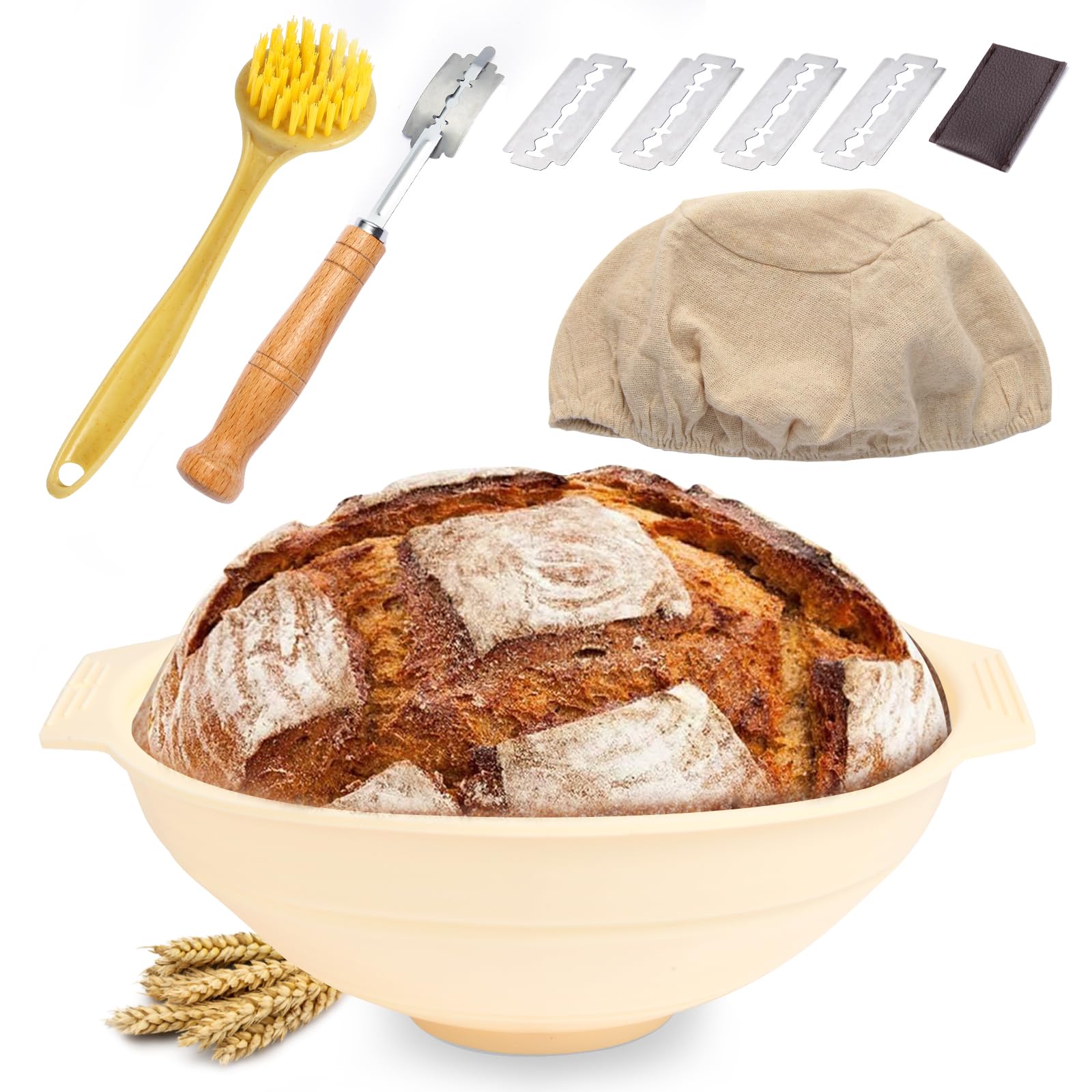 Kit Boulangerie Complet 18 Pièces - Bannetons Silicone Ovale Et Rond, Pot à Levain, Couteau à Pain, Etc.