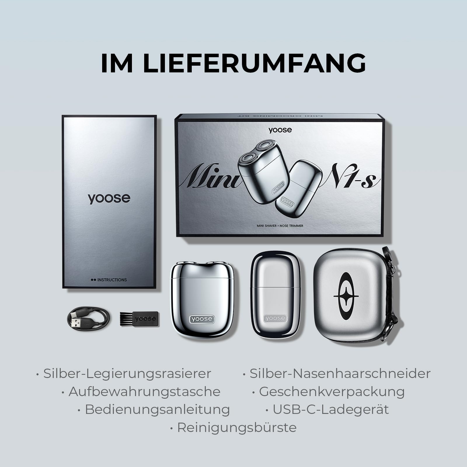 yoose MINI Rasierer & Nasenhaartrimmer Geschenkset - Aus Hochwertiger Legierung, Ultra-Leiser Motor, IPX7 Wasserdicht - Kompakt & Tragbar - Perfektes Männergeschenk (Silber)
