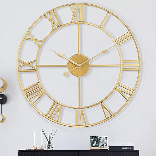 Miniatura 3 de Reloj de pared de metal grande y moderno, rústico, redondo, casi silencioso, funciona con pilas, con números romanos dorados, para sala de estar,