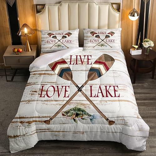 Miniatura 1 de Erosebridal Lake Life - Juego de edredón tamaño Queen, juego de ropa de cama de pez de lucio, remo de hoja de barco, decoración retro de cabaña de