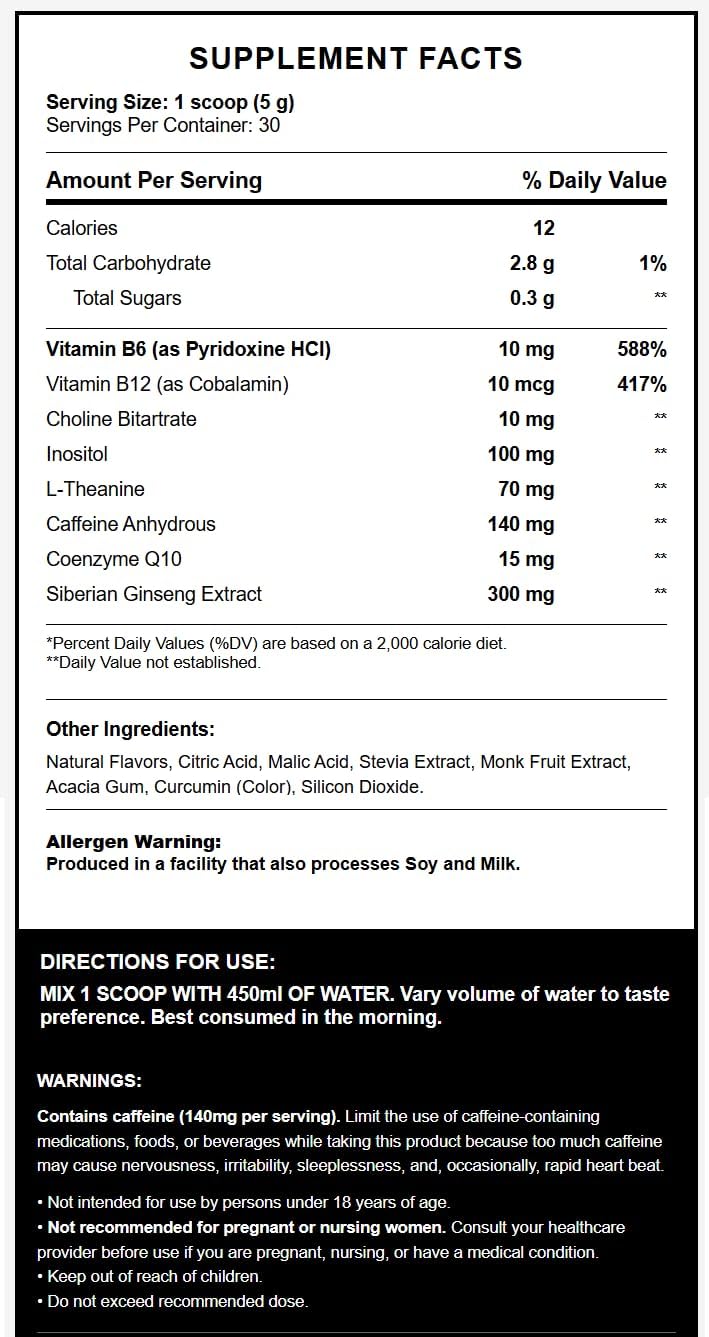 Recharge Daily Energy & Focus Drink Mix for Men — Clean No-Crash Powder with Ginseng, L-Theanine, CoQ10, Choline & B-Vitamins — 140mg Caffeine, 30 Servings