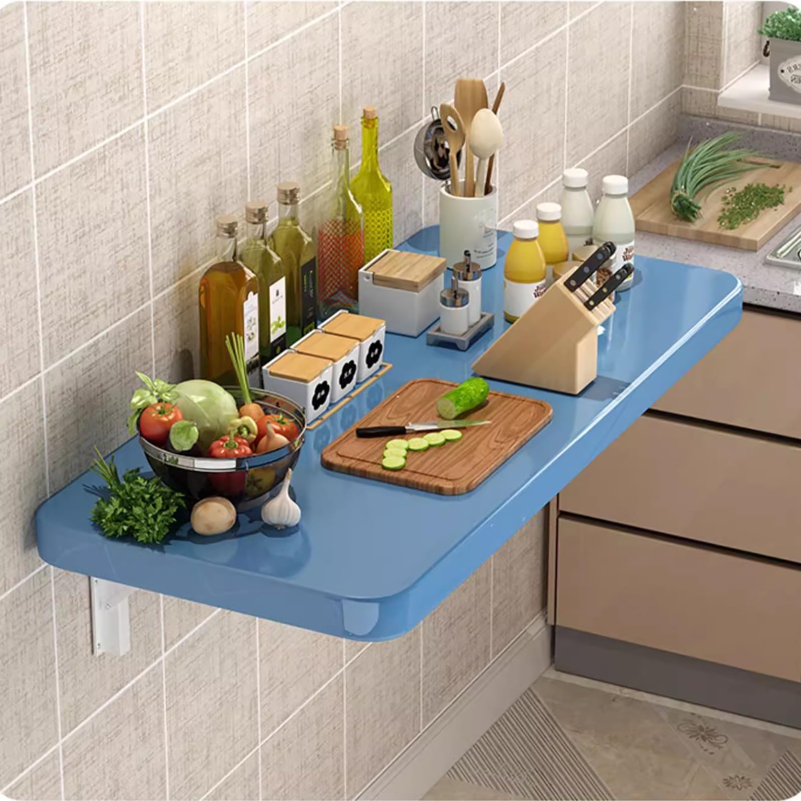 Bureau pliant mural bleu JATIBOSH pour buanderie et petits espaces