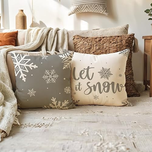 Miniatura 10 de Juego de 2 fundas de almohada decorativas de invierno verde de 18 x 18 pulgadas, decoraciones navideñas de granja, copos de nieveLet It Snow para