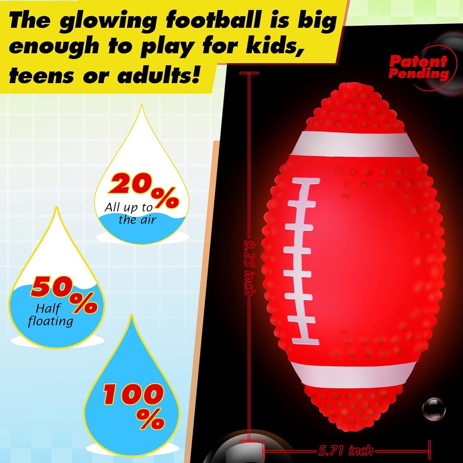 Glow in The Dark Football, 9.25 Inches Water Football, Light up Beach Waterproof Pool Toys for Kids and Adult, Pool Games Beach Games for Summer Red image 3 of 7 B0F1G4K55L