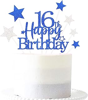 Pargleev Glittery 16th Cake Topper with Star Boys and Girls 16th Birthday Party Supplies, Sixteen Years Old Birthday Party Decorations Royal Blue